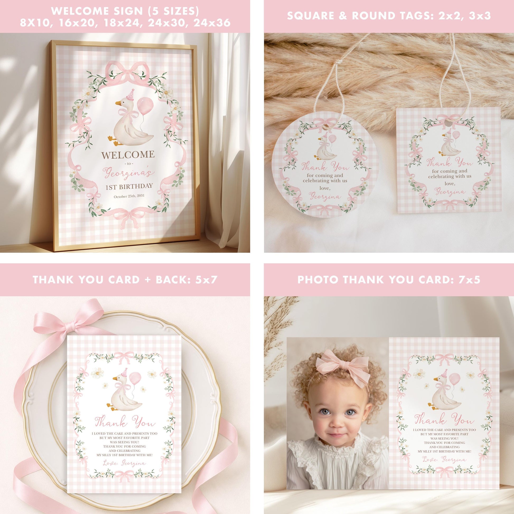 One Silly Goose Pink Gingham Birthday Bundle | Editable Corjl Templates