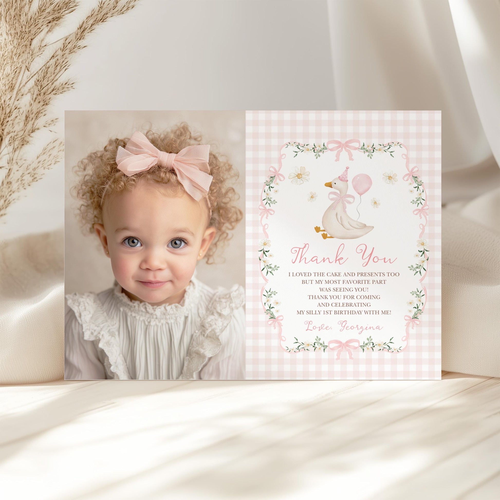Silly Goose Pink Gingham First Birthday Thank You Card | Editable CORJL Template