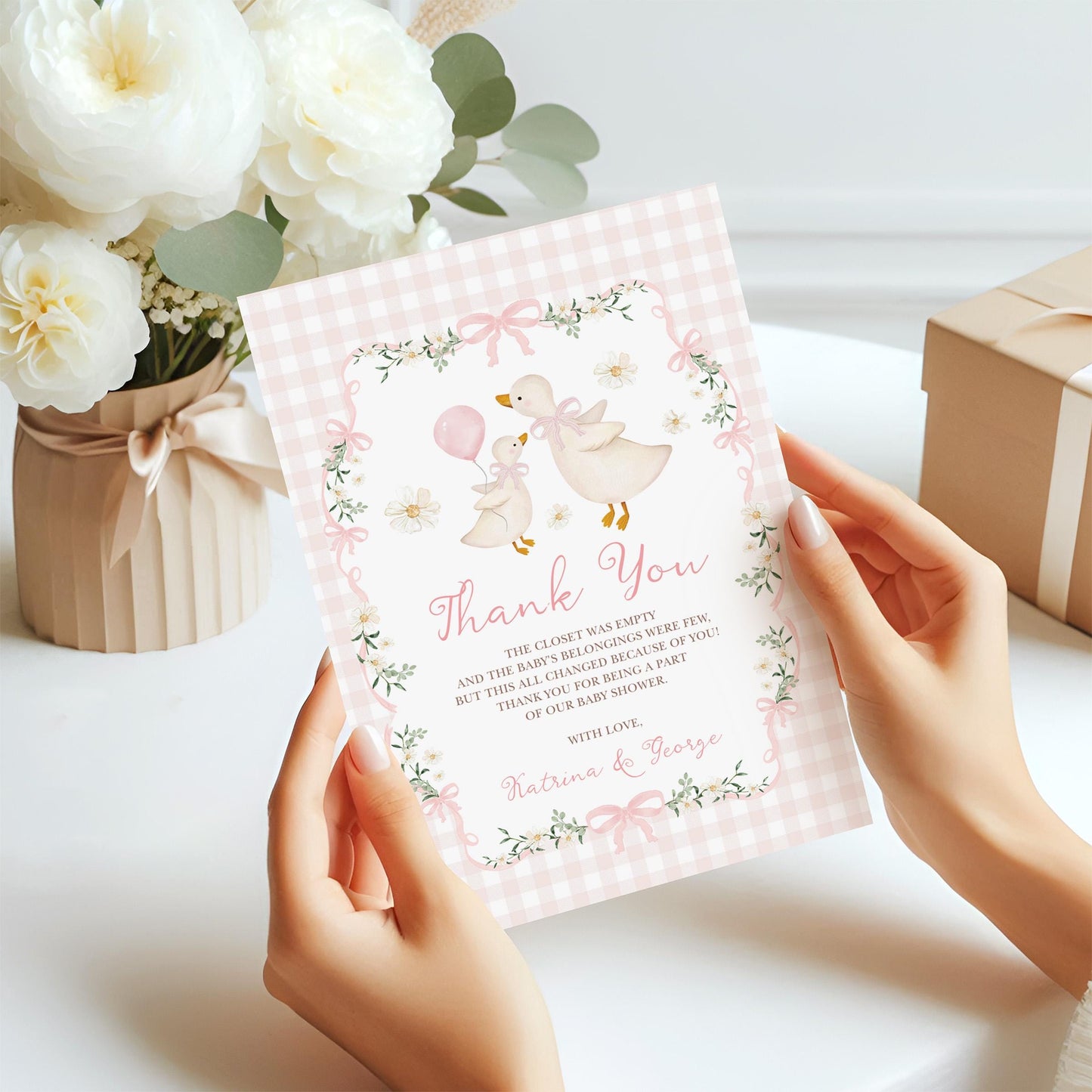 Silly Goose Baby Shower Thank You Card | Pink Gingham Coquette | Editable Corjl