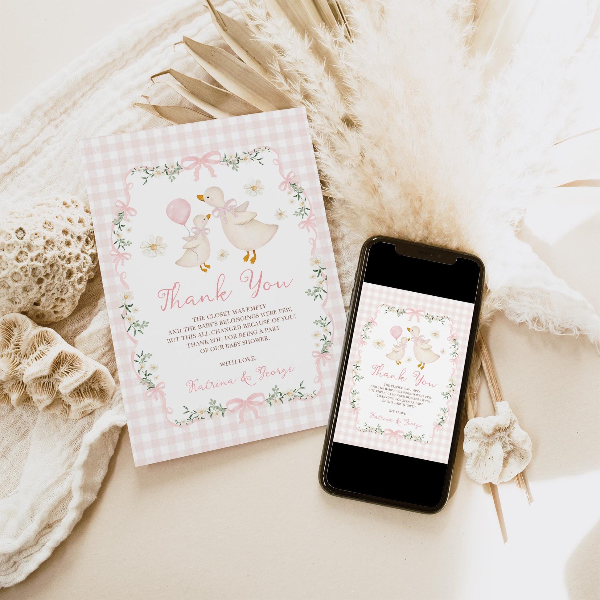 Silly Goose Baby Shower Thank You Card | Pink Gingham Coquette | Editable Corjl
