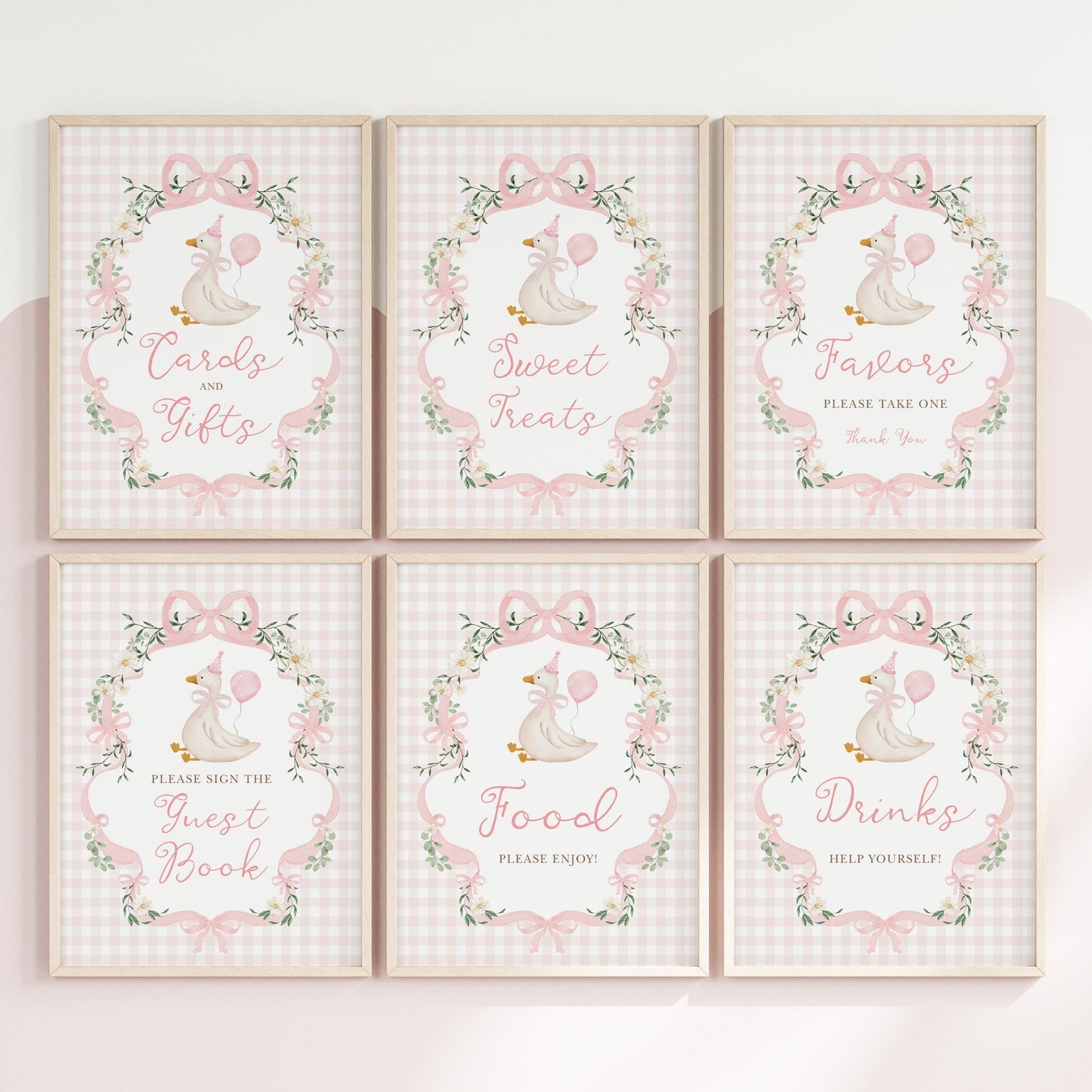 Pink Gingham Silly Goose Table Signs Bundle | Editable Corjl | One Silly Goose Birthday
