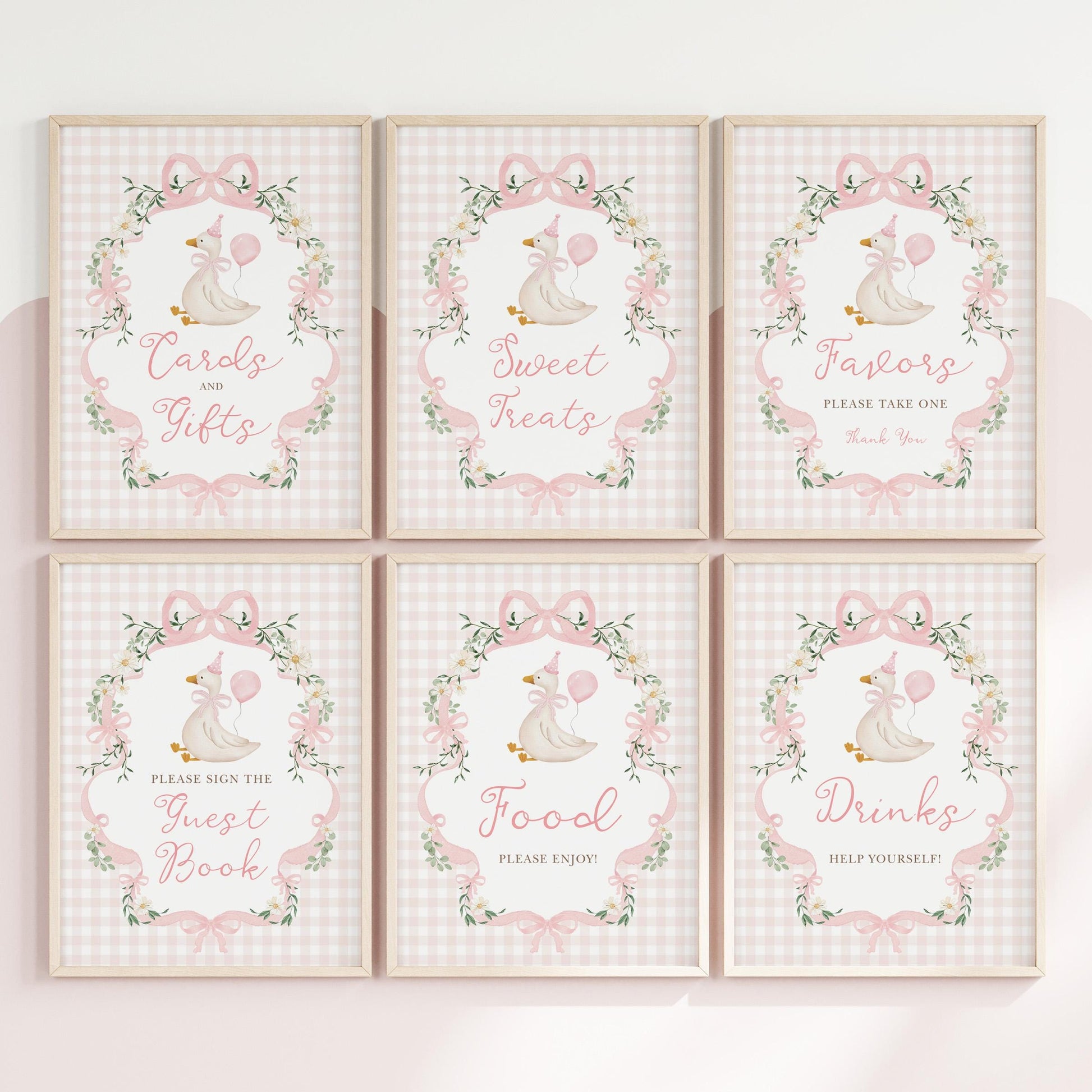 Pink Gingham Silly Goose Table Signs Bundle | Editable Corjl | One Silly Goose Birthday