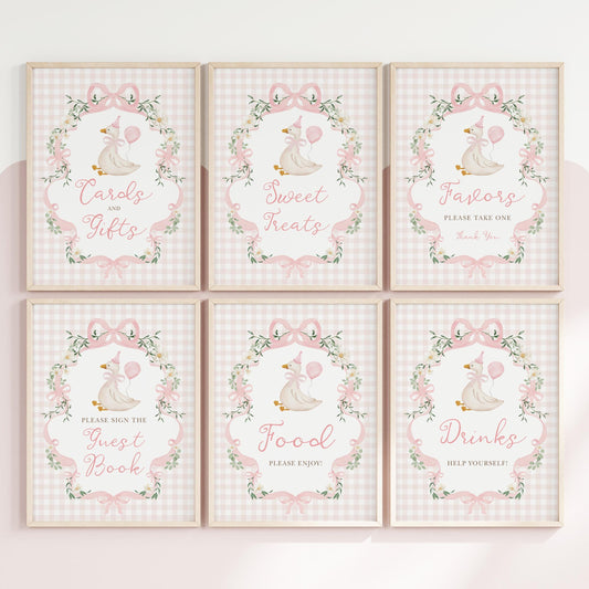 Pink Gingham Silly Goose Table Signs Bundle | Editable Corjl | One Silly Goose Birthday