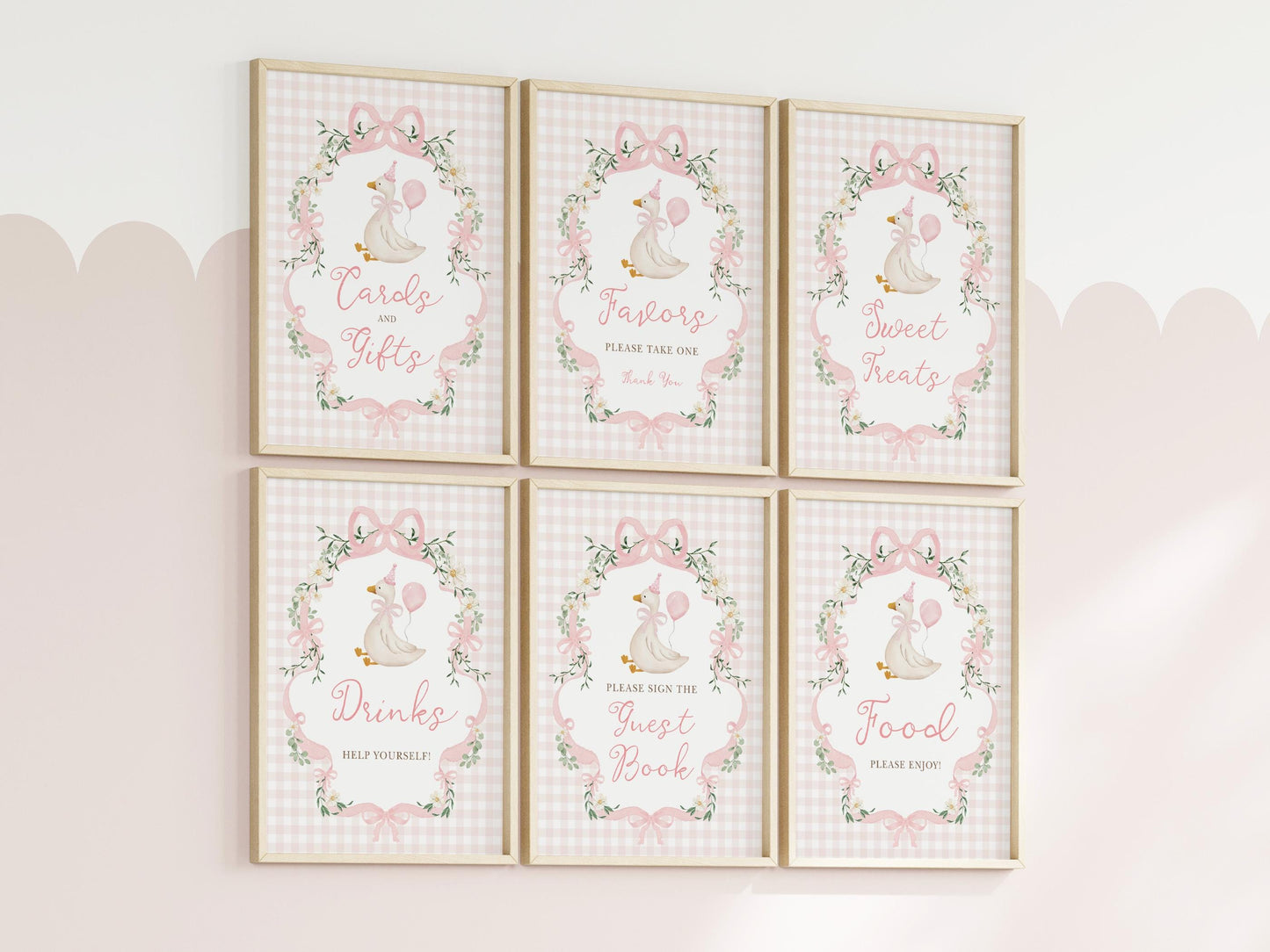 Pink Gingham Silly Goose Table Signs Bundle | Editable Corjl | One Silly Goose Birthday