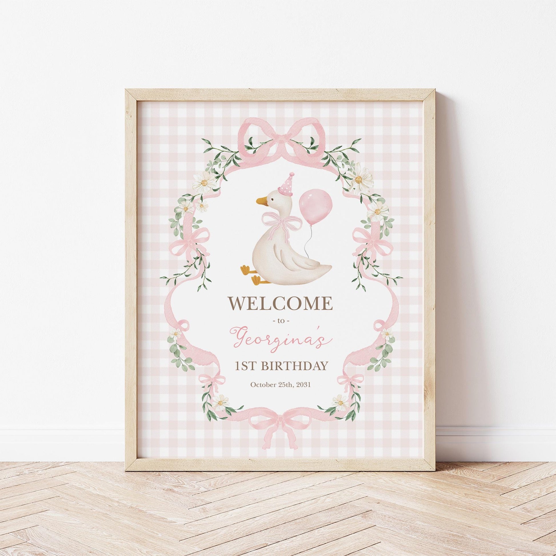One Silly Goose First Birthday Welcome Sign | Coquette Pink Bow | Editable Corjl Template