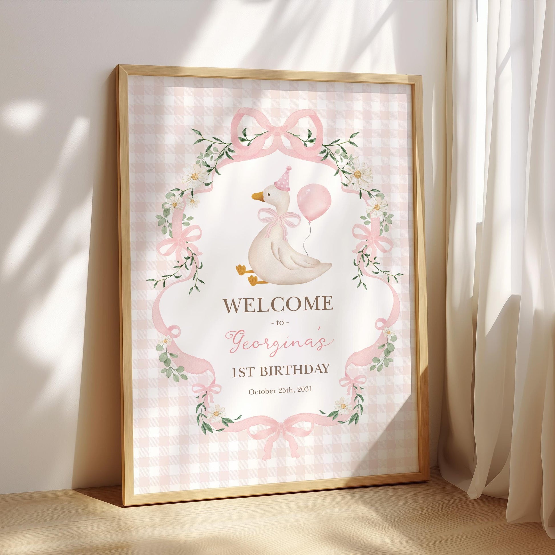 One Silly Goose First Birthday Welcome Sign | Coquette Pink Bow | Editable Corjl Template