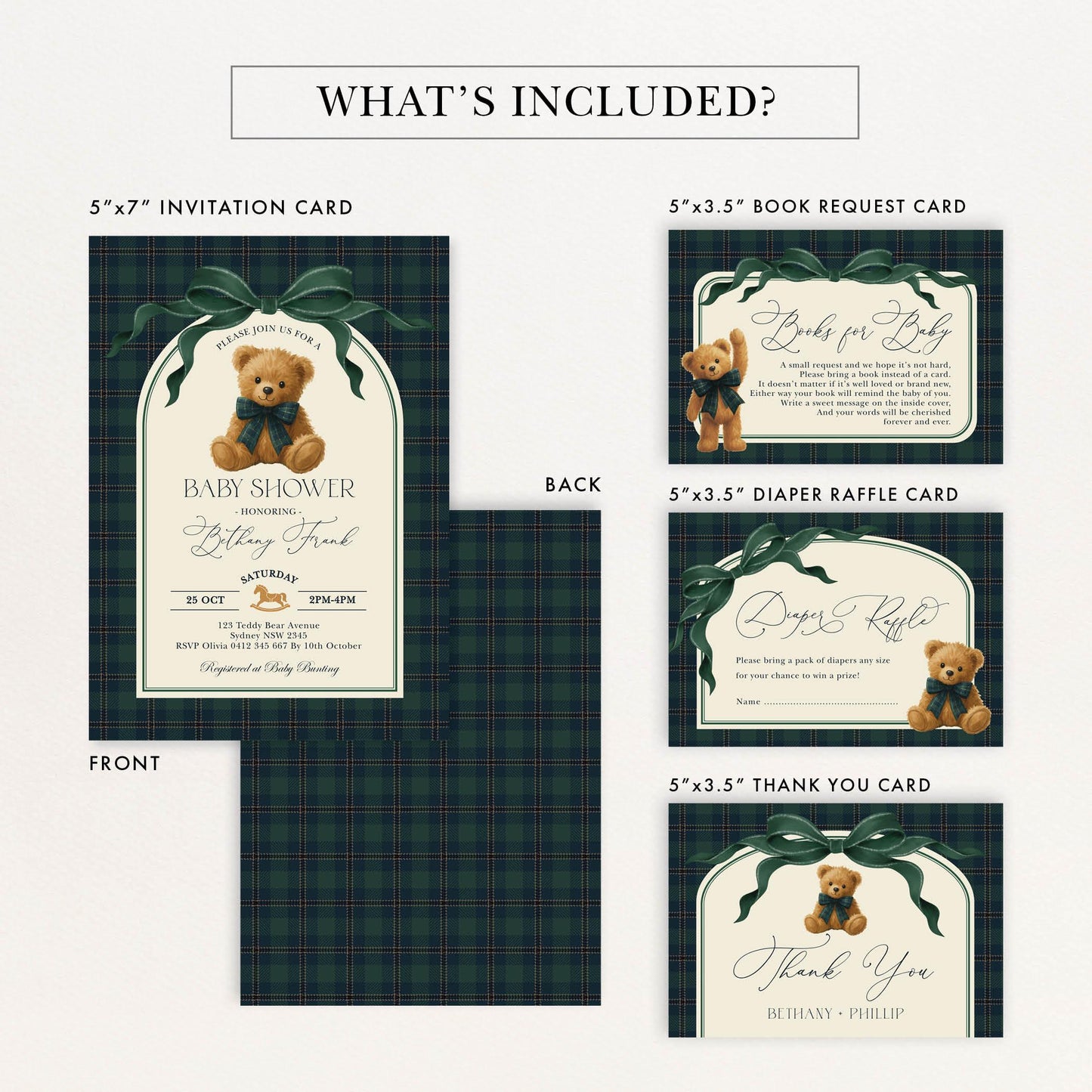 Luxury Polo Teddy Bear Baby Shower Invitation Bundle | Editable Corjl | Navy Plaid