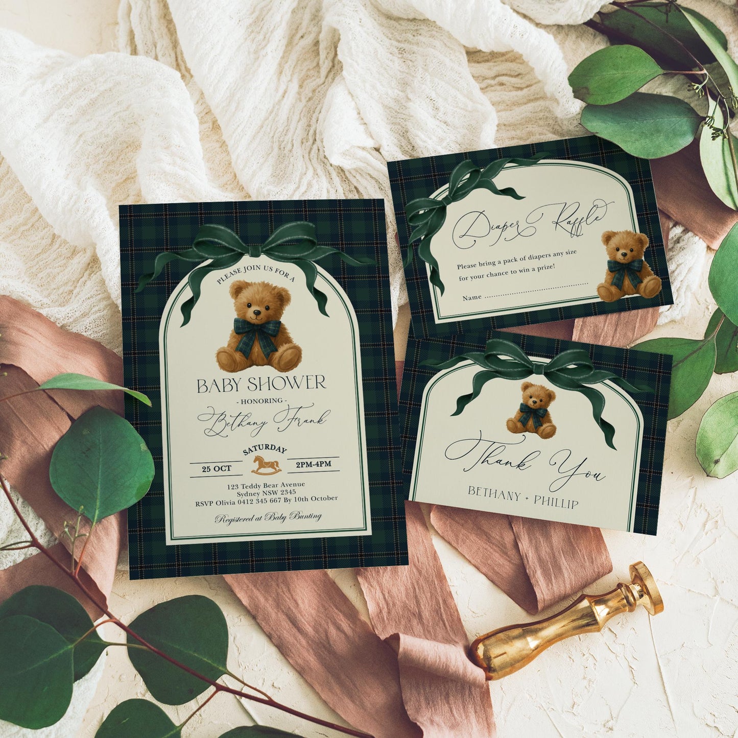 Luxury Polo Teddy Bear Baby Shower Invitation Bundle | Editable Corjl | Navy Plaid