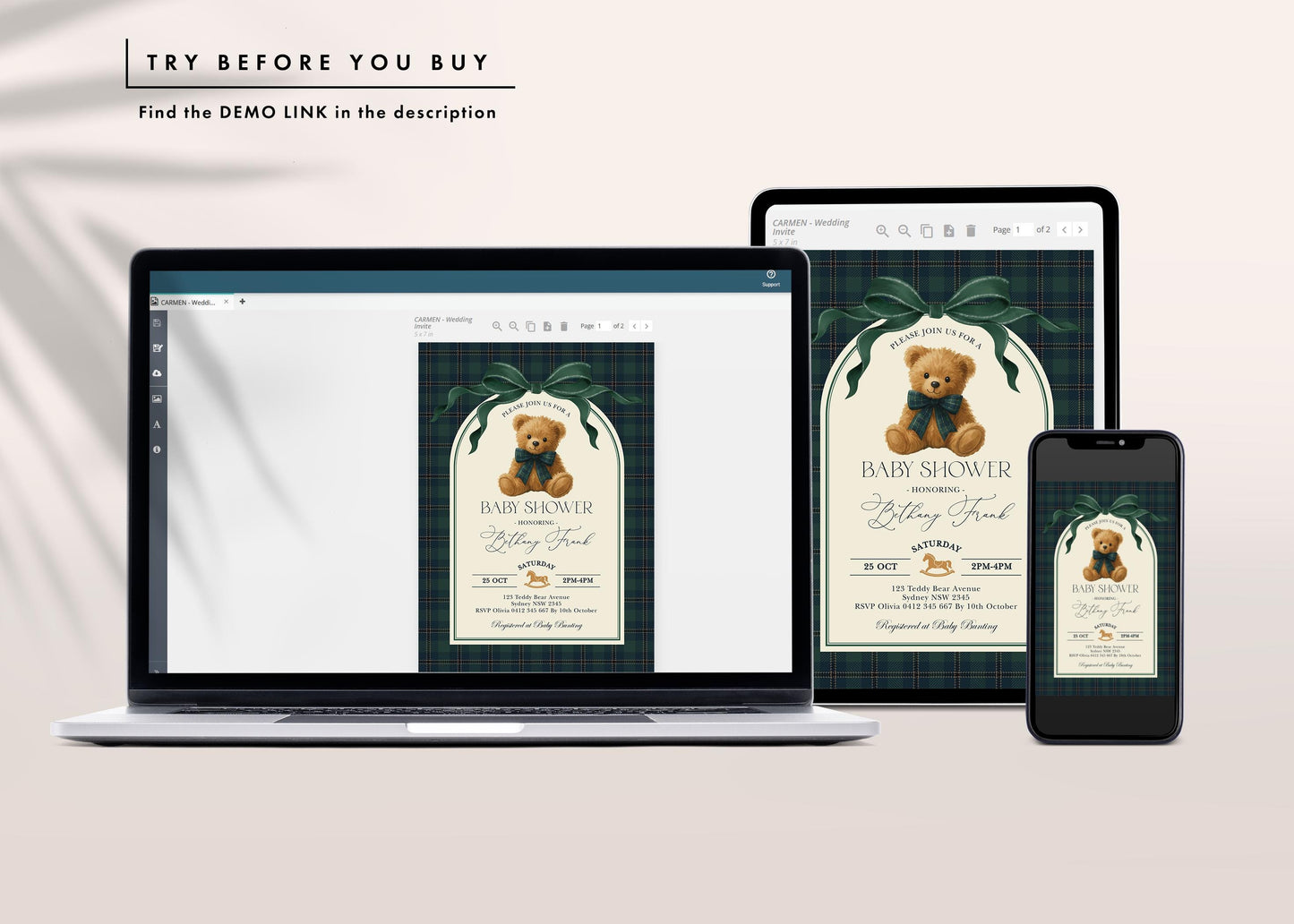 Luxury Polo Teddy Bear Baby Shower Invitation Bundle | Editable Corjl | Navy Plaid