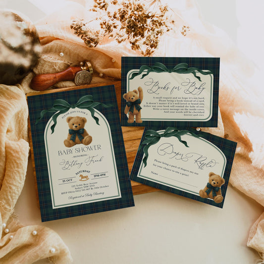 Luxury Polo Teddy Bear Baby Shower Invitation Bundle | Editable Corjl | Navy Plaid
