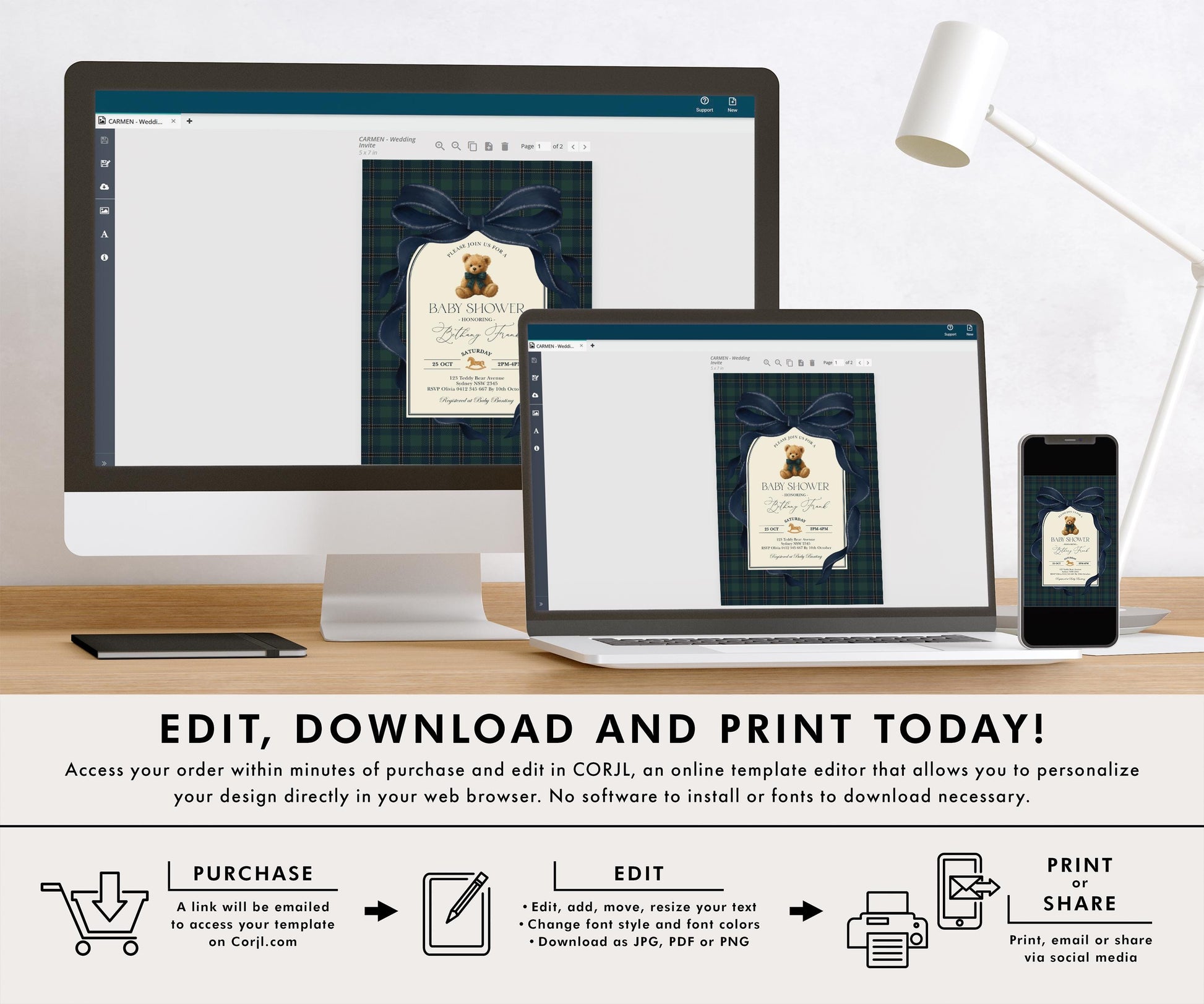 Navy Teddy Bear Baby Shower Invitation | Editable Corjl Template