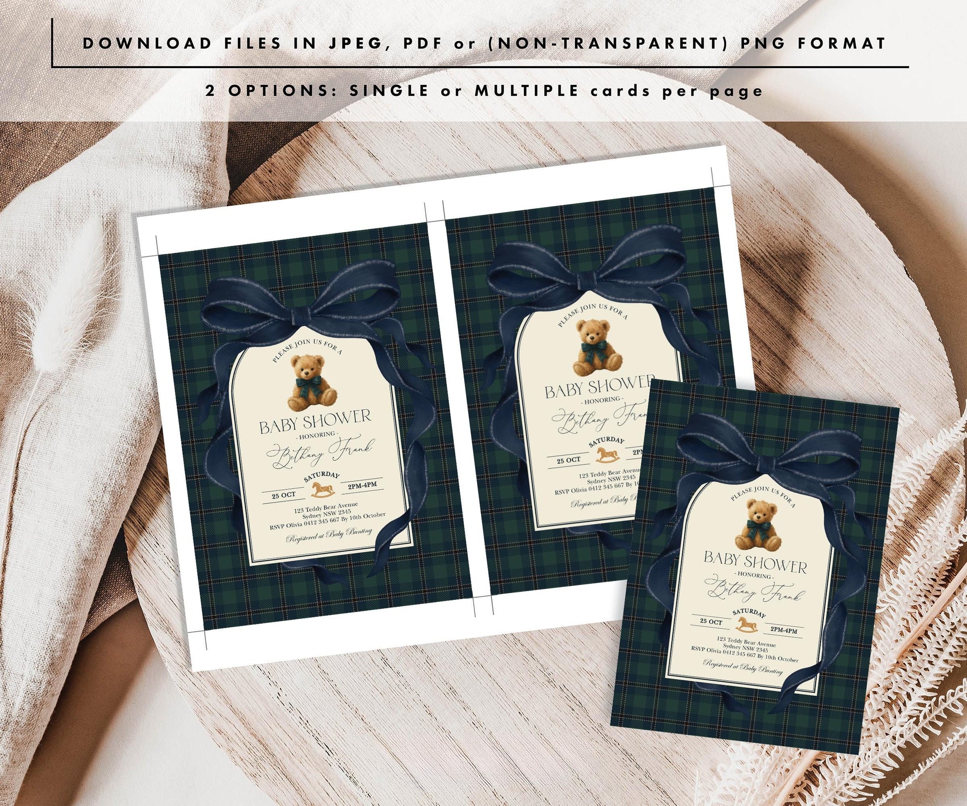 Navy Teddy Bear Baby Shower Invitation | Editable Corjl Template