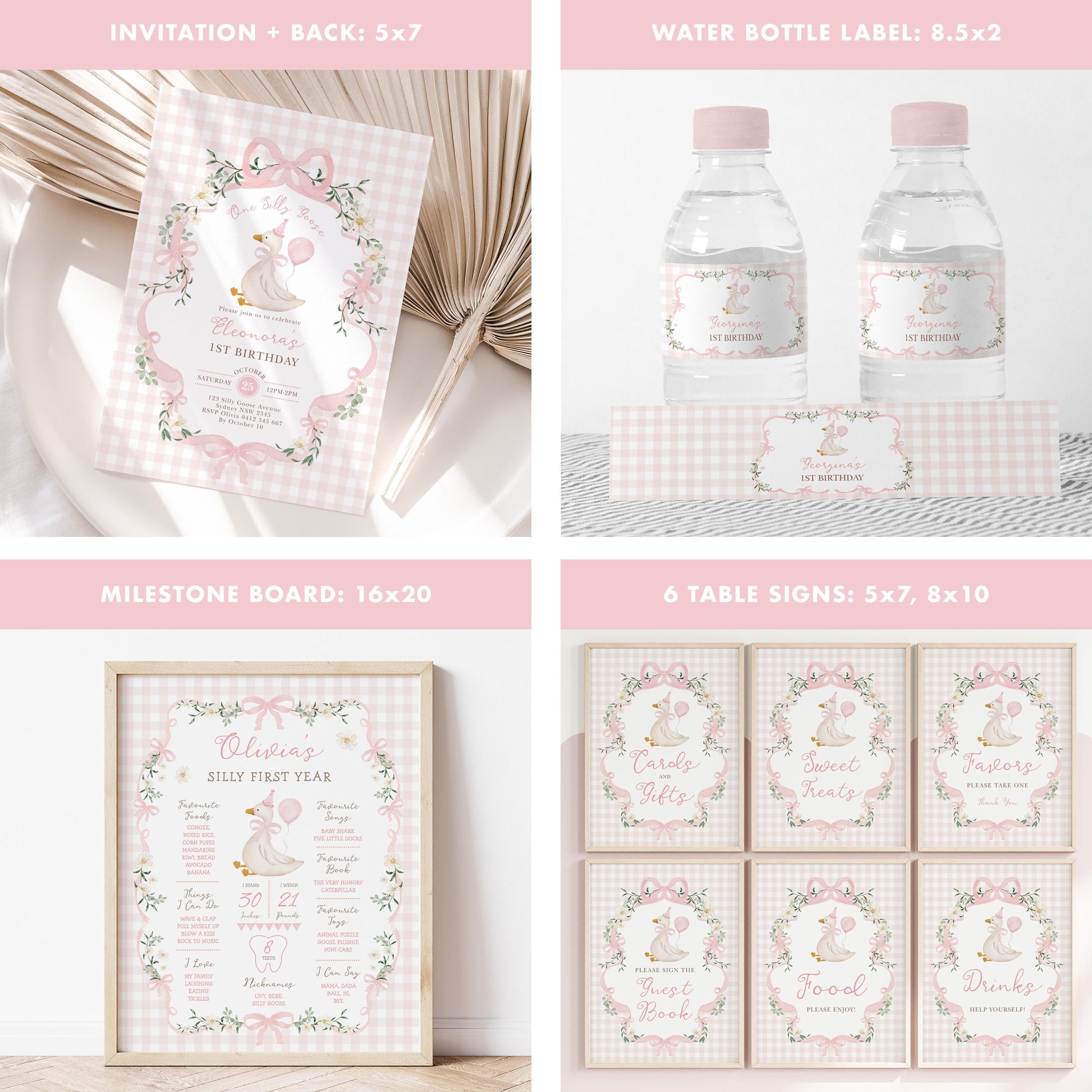 One Silly Goose Pink Gingham Birthday Bundle | Editable Corjl Templates