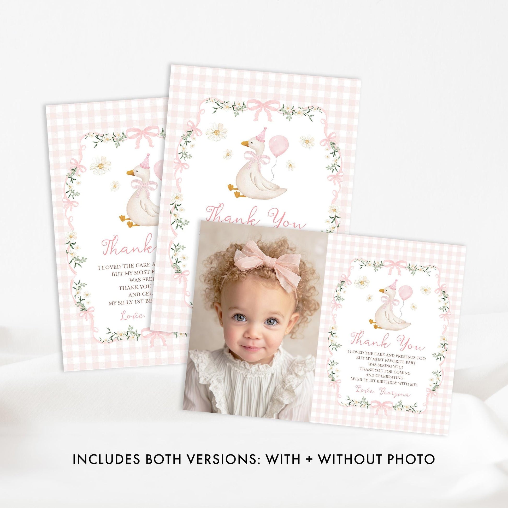 Silly Goose Pink Gingham First Birthday Thank You Card | Editable CORJL Template