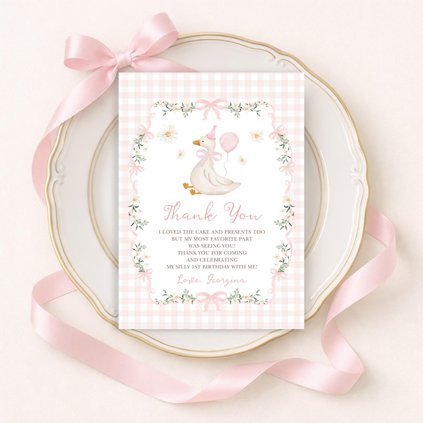 Silly Goose Pink Gingham First Birthday Thank You Card | Editable CORJL Template