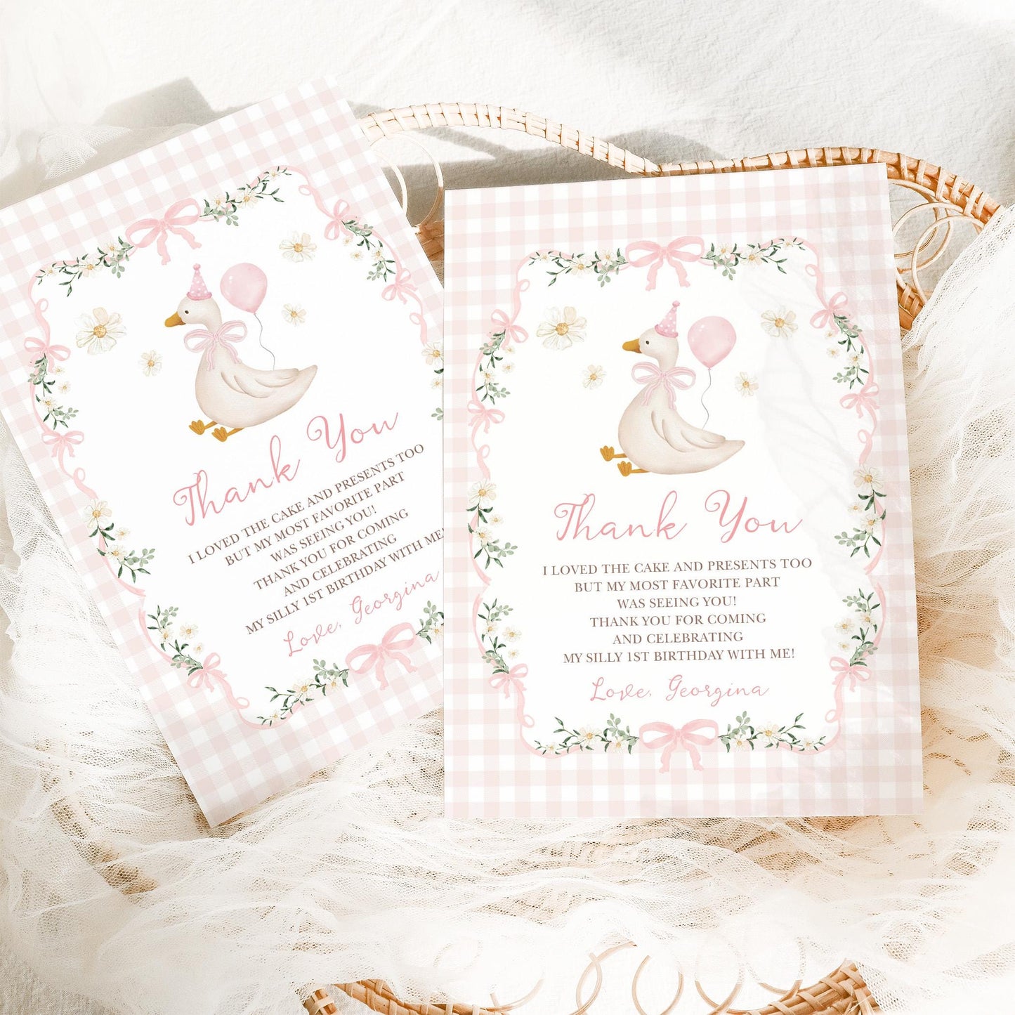 Silly Goose Pink Gingham First Birthday Thank You Card | Editable CORJL Template