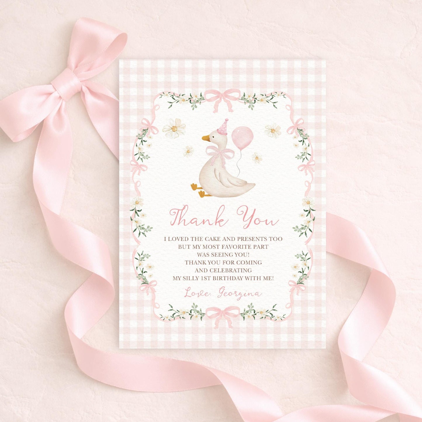 Silly Goose Pink Gingham First Birthday Thank You Card | Editable CORJL Template