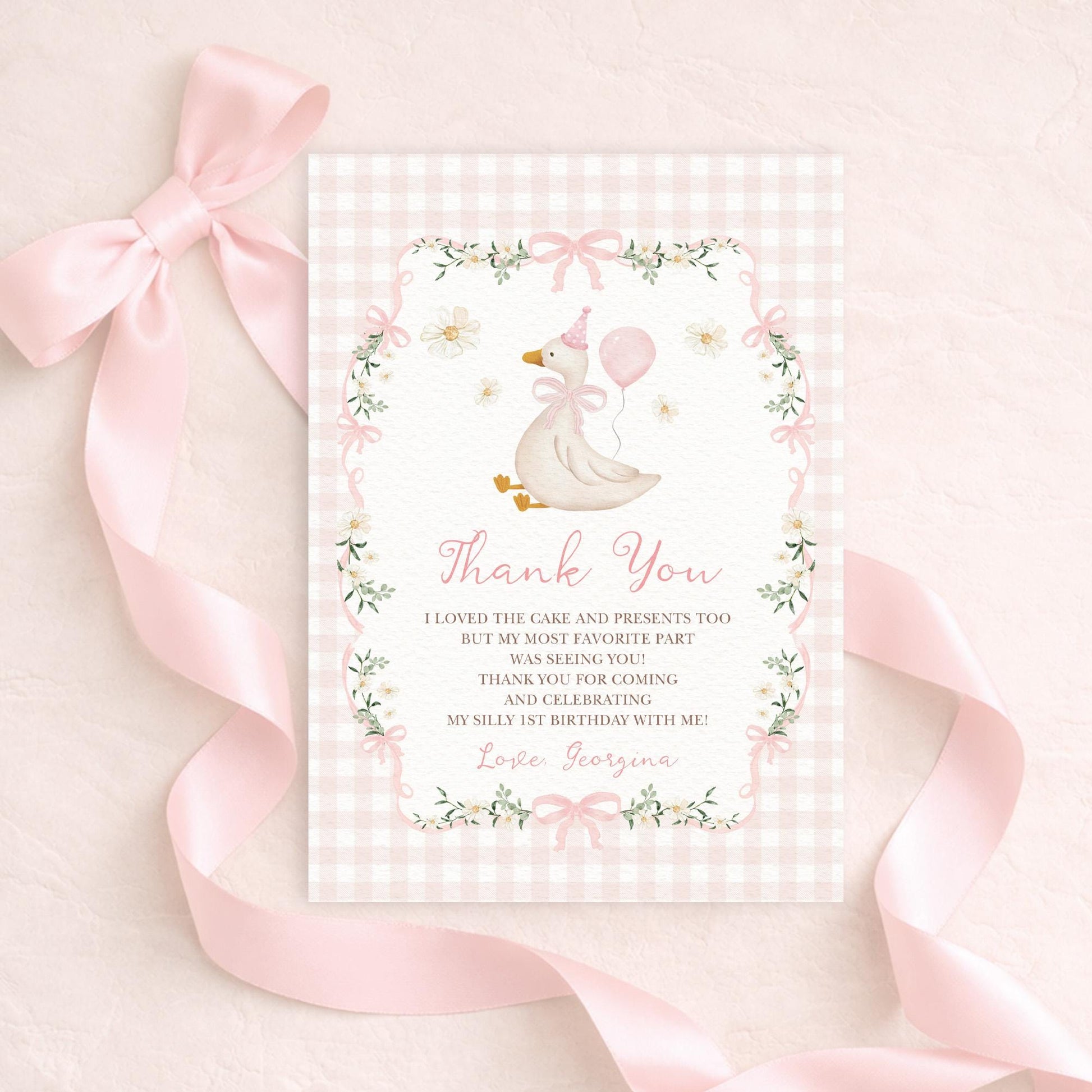 Silly Goose Pink Gingham First Birthday Thank You Card | Editable CORJL Template