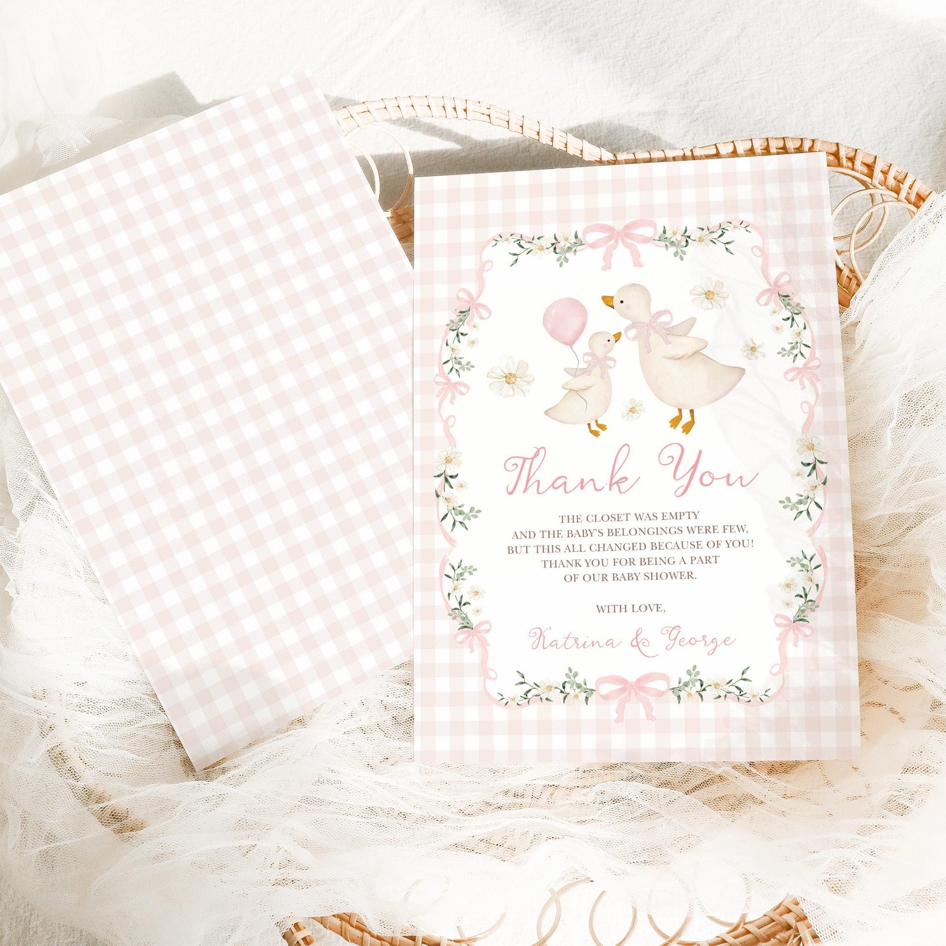 Silly Goose Baby Shower Thank You Card | Pink Gingham Coquette | Editable Corjl