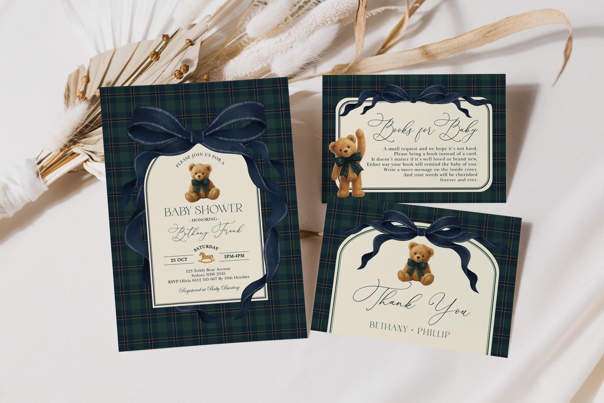 Navy Teddy Bear Baby Shower Invitation Bundle | Editable Corjl | Blue Bunny Printables
