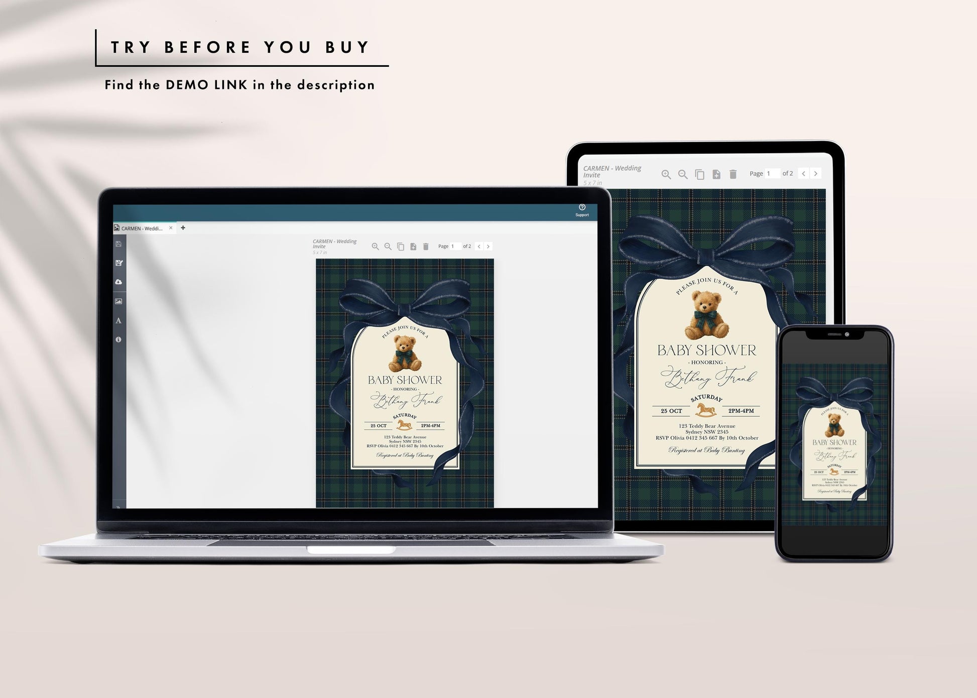 Navy Teddy Bear Baby Shower Invitation Bundle | Editable Corjl | Blue Bunny Printables