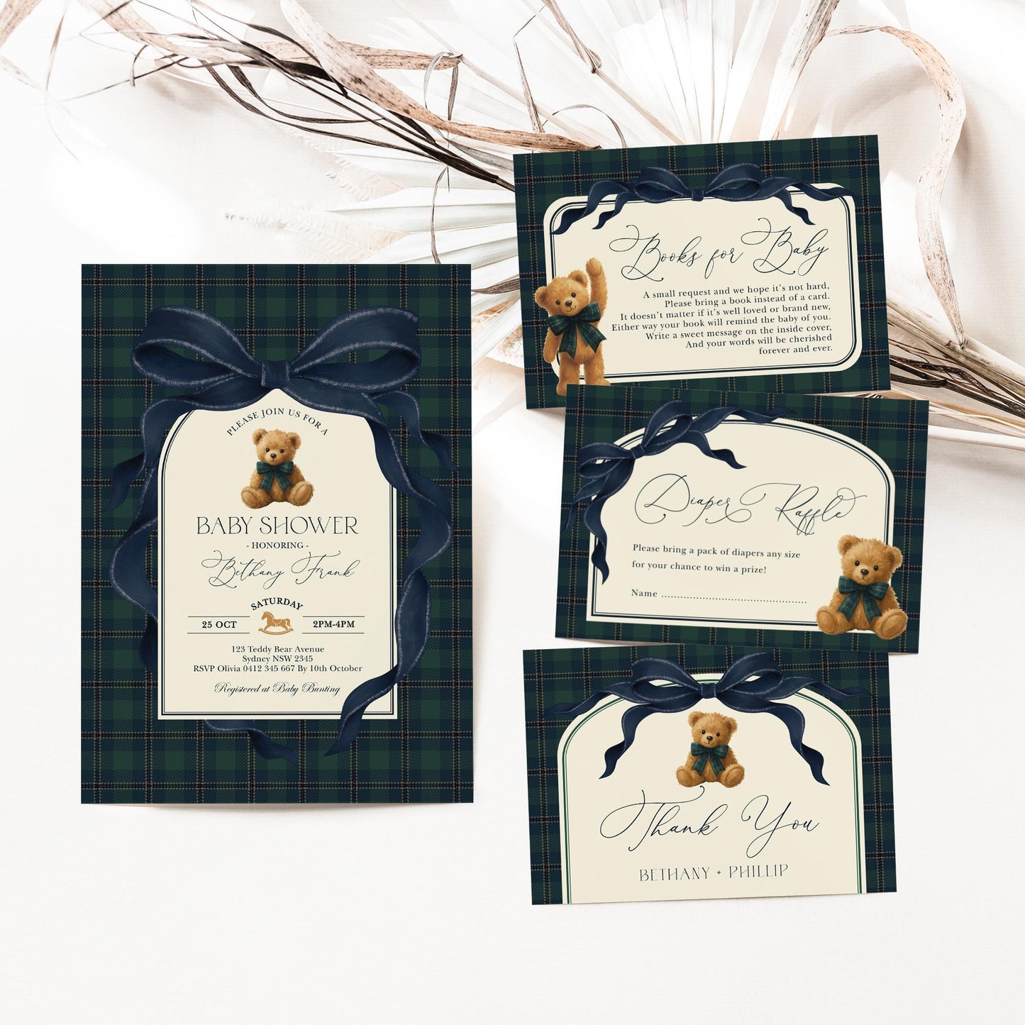 Navy Teddy Bear Baby Shower Invitation Bundle | Editable Corjl | Blue Bunny Printables