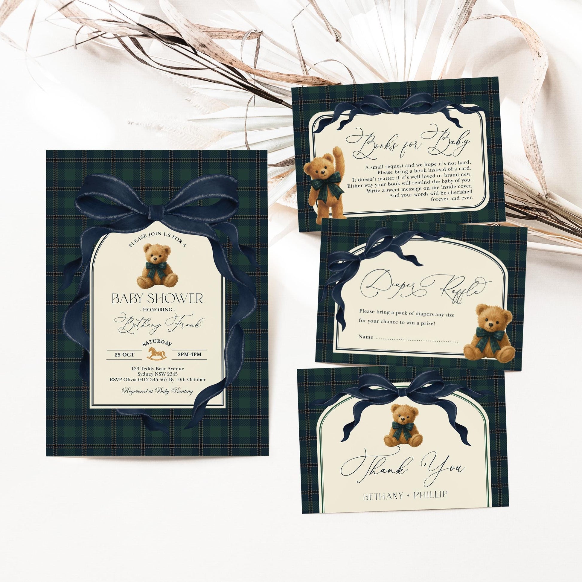 Navy Teddy Bear Baby Shower Invitation Bundle | Editable Corjl | Blue Bunny Printables