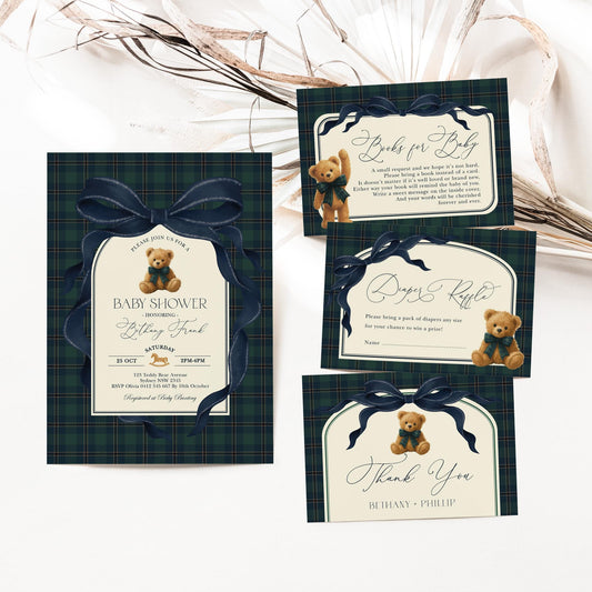 Navy Teddy Bear Baby Shower Invitation Bundle | Editable Corjl | Blue Bunny Printables