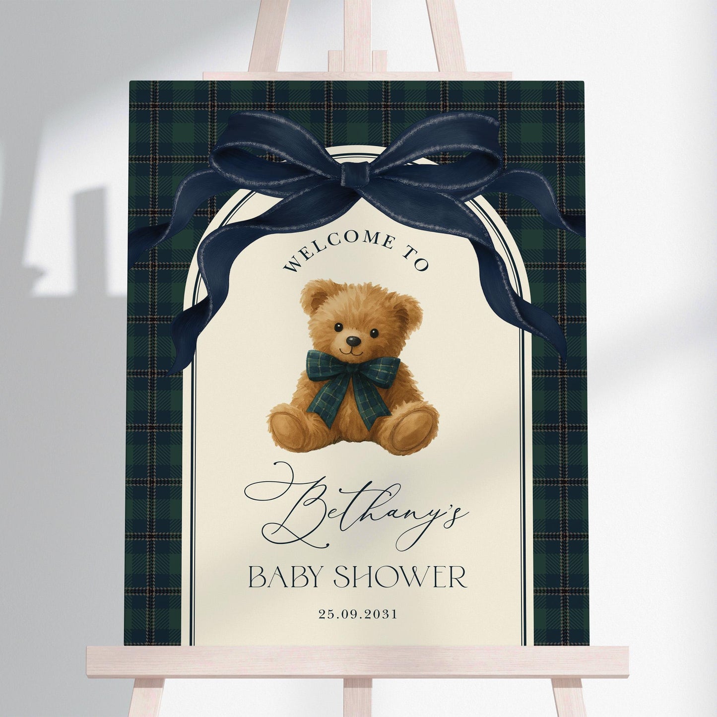Teddy Bear Baby Shower Welcome Sign | Navy Plaid | Editable Corjl