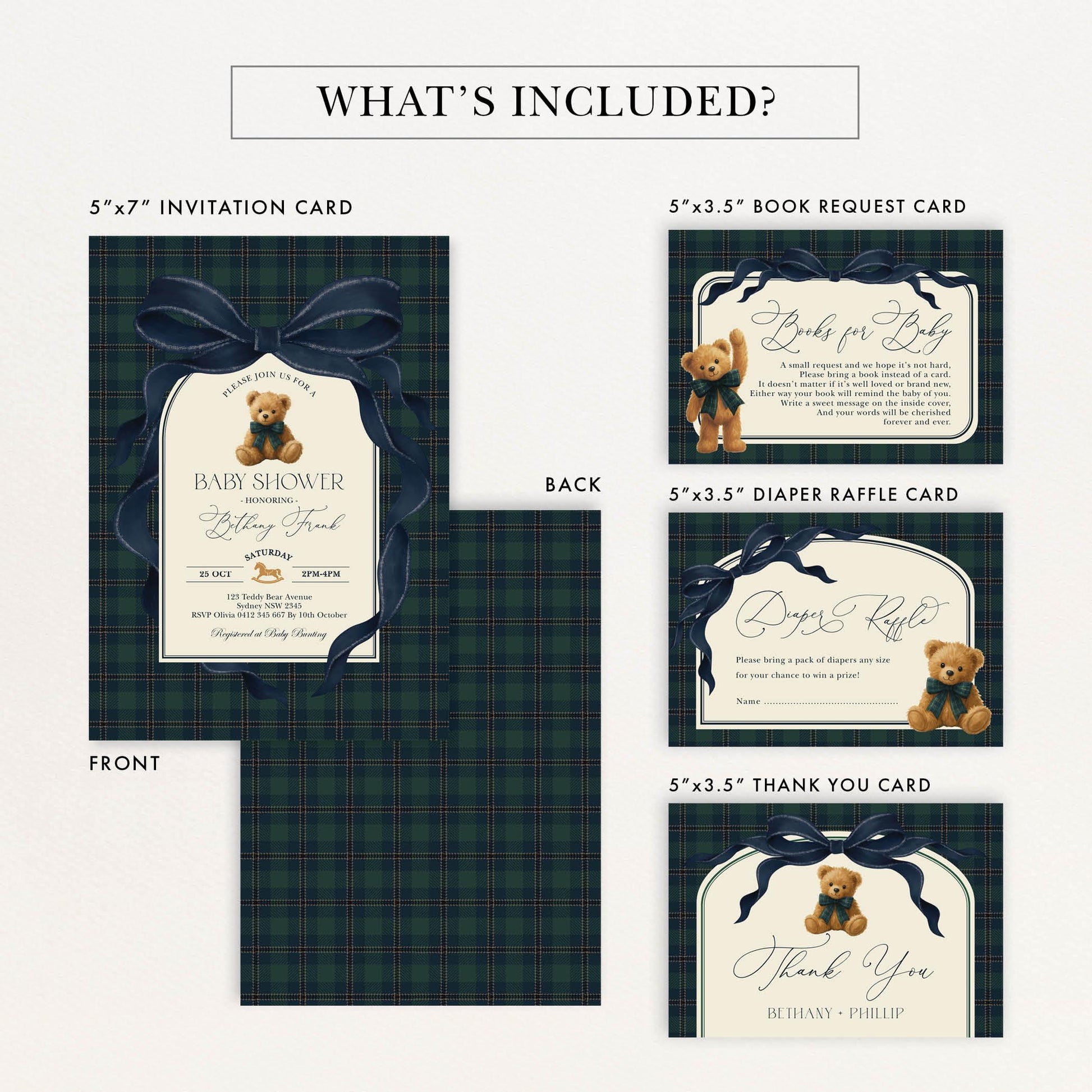 Navy Teddy Bear Baby Shower Invitation Bundle | Editable Corjl | Blue Bunny Printables