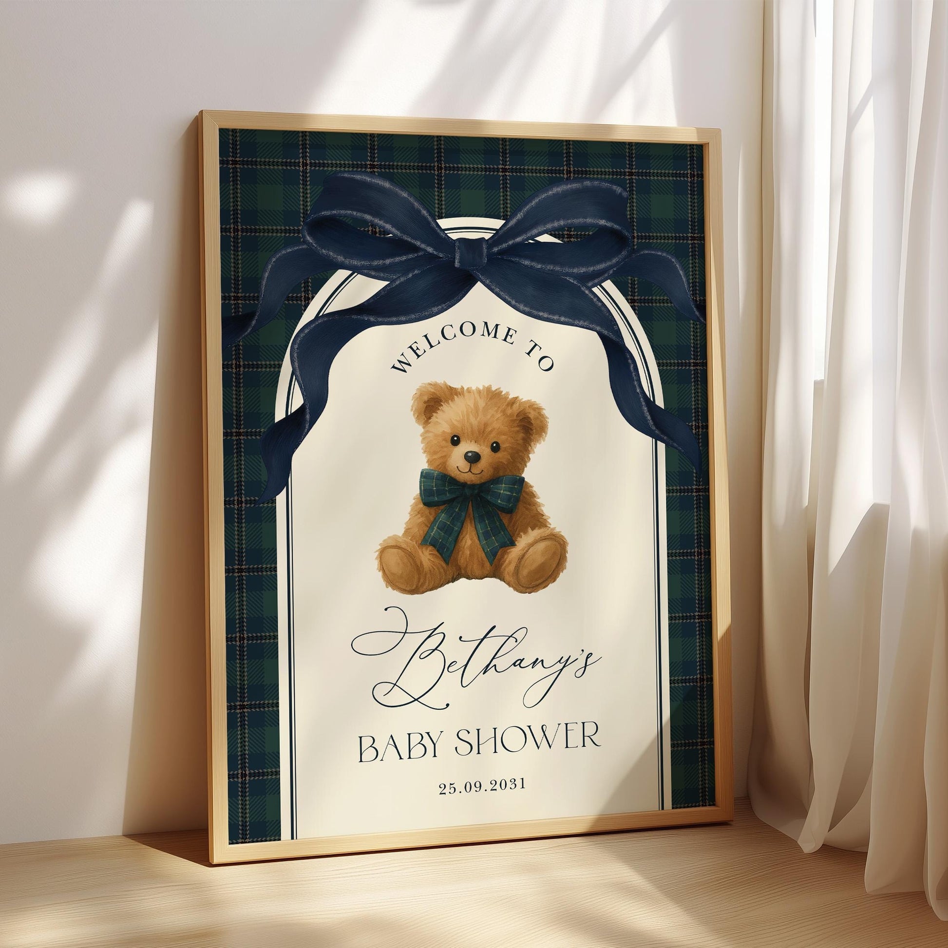 Teddy Bear Baby Shower Welcome Sign | Navy Plaid | Editable Corjl