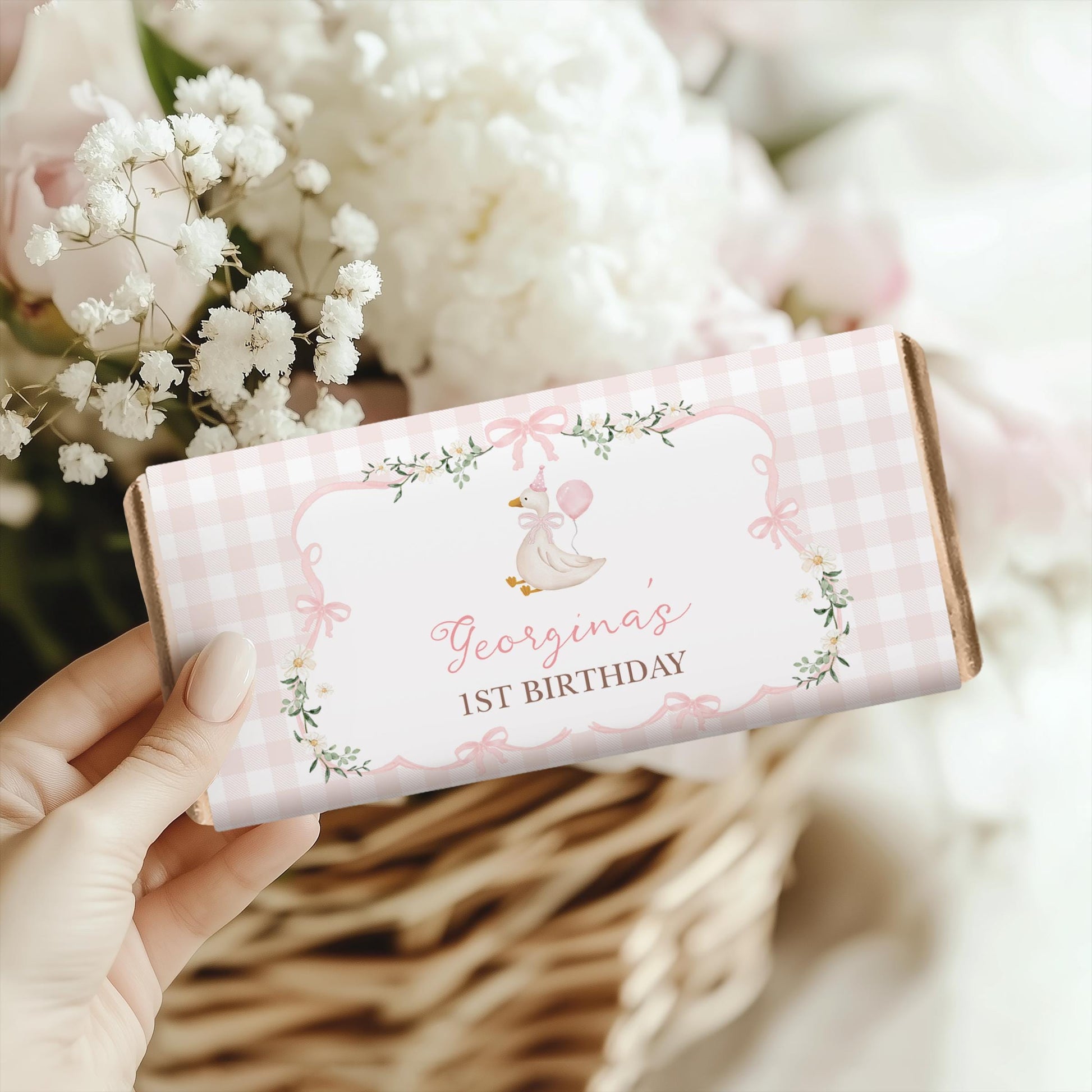 One Silly Goose Pink Bow Chocolate Wrapper | Editable Corjl Template