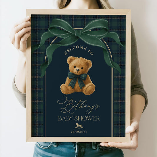 Vintage Teddy Bear Welcome Sign Editable Template | Green Plaid Boy Baby Shower | Corjl