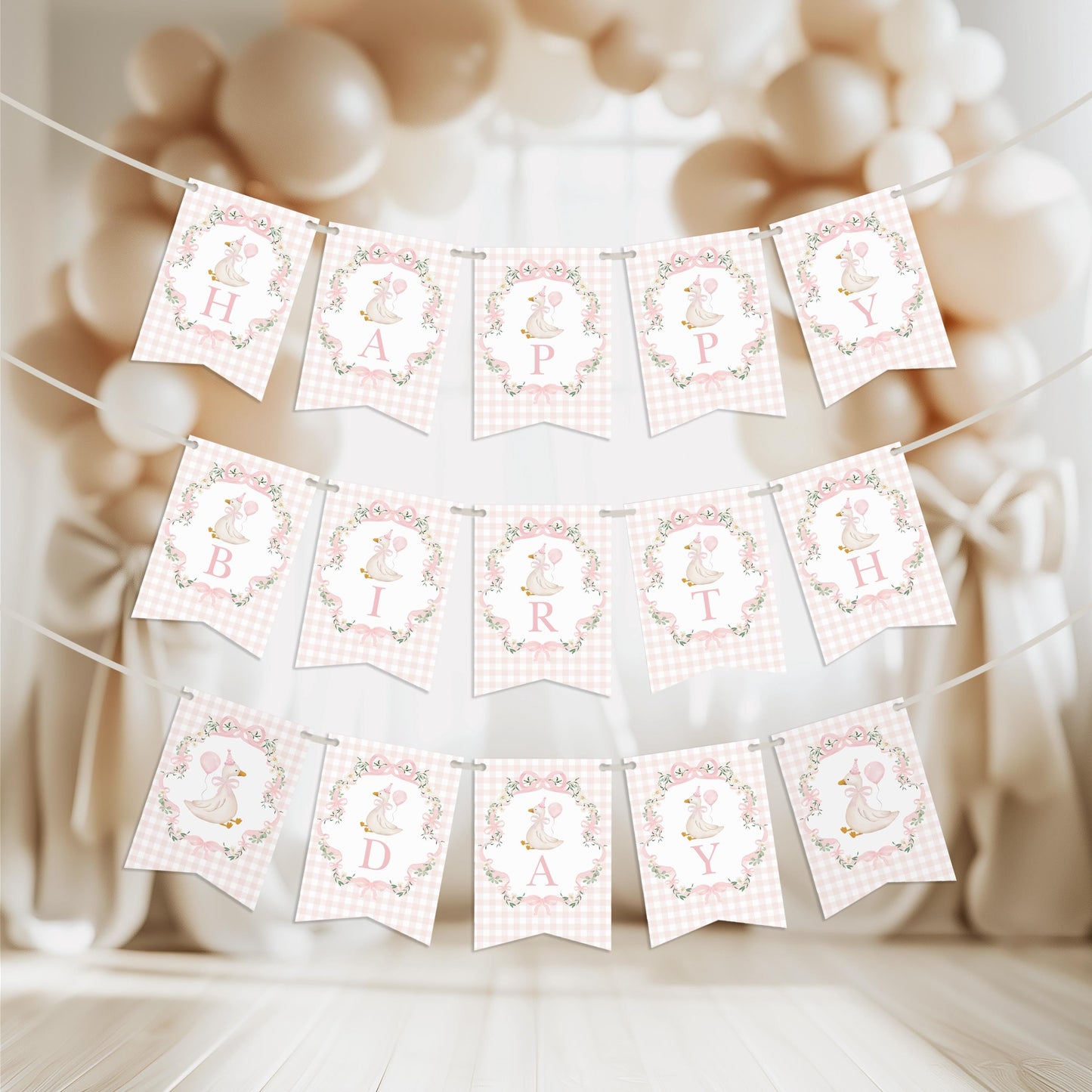 One Silly Goose Pink Gingham Birthday Banner | Editable Corjl Template