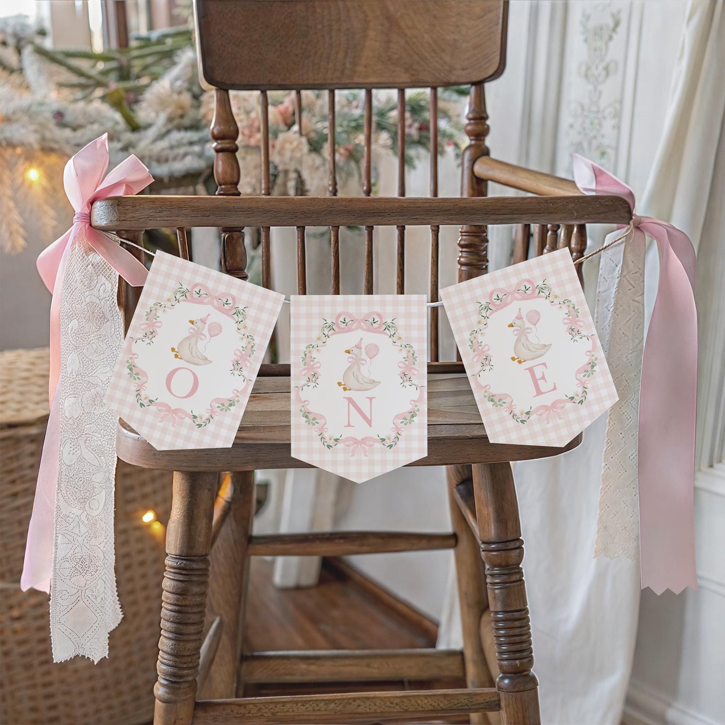 One Silly Goose Pink Gingham High Chair Banner | Editable Canva
