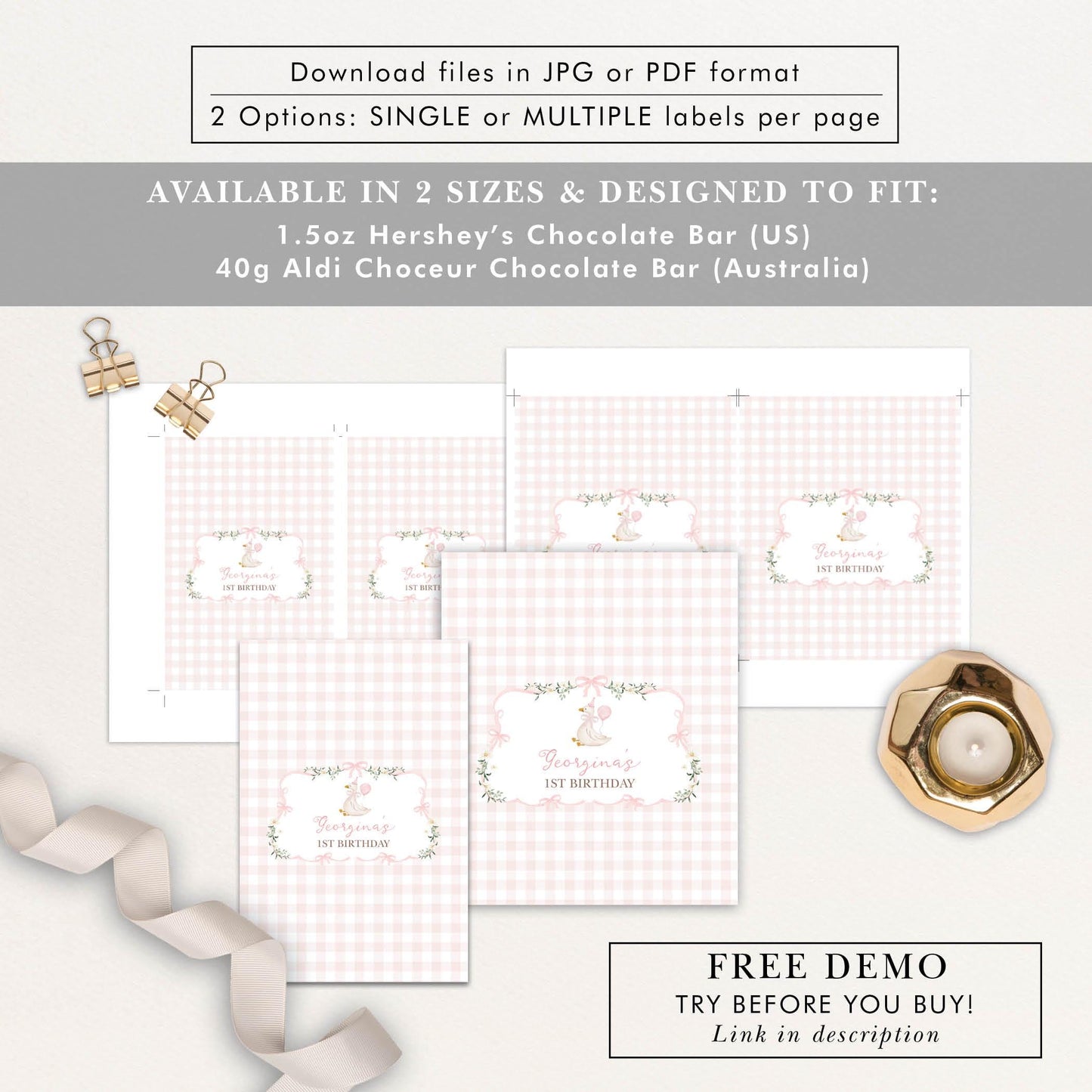 One Silly Goose Pink Bow Chocolate Wrapper | Editable Corjl Template
