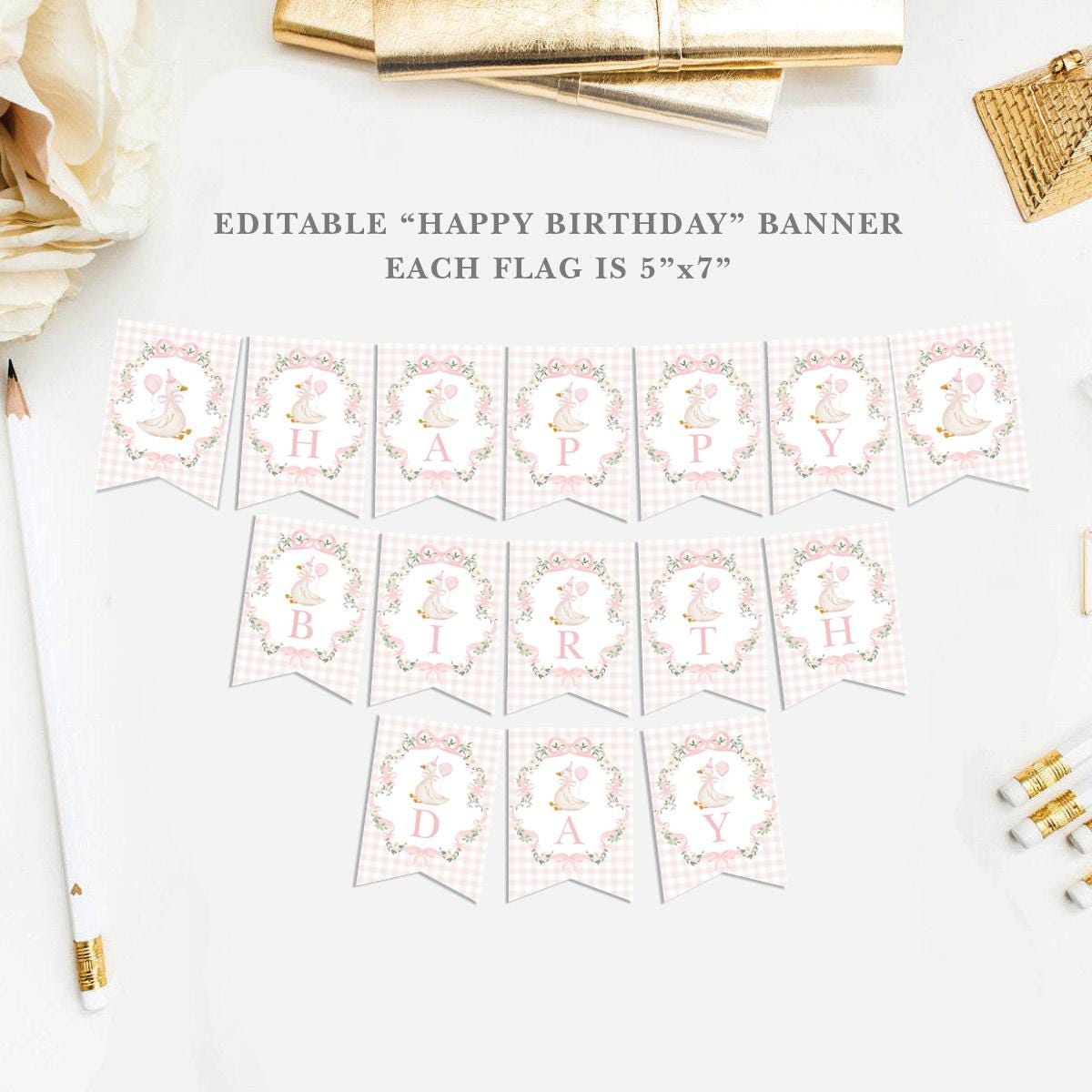One Silly Goose Pink Gingham Birthday Banner | Editable Corjl Template