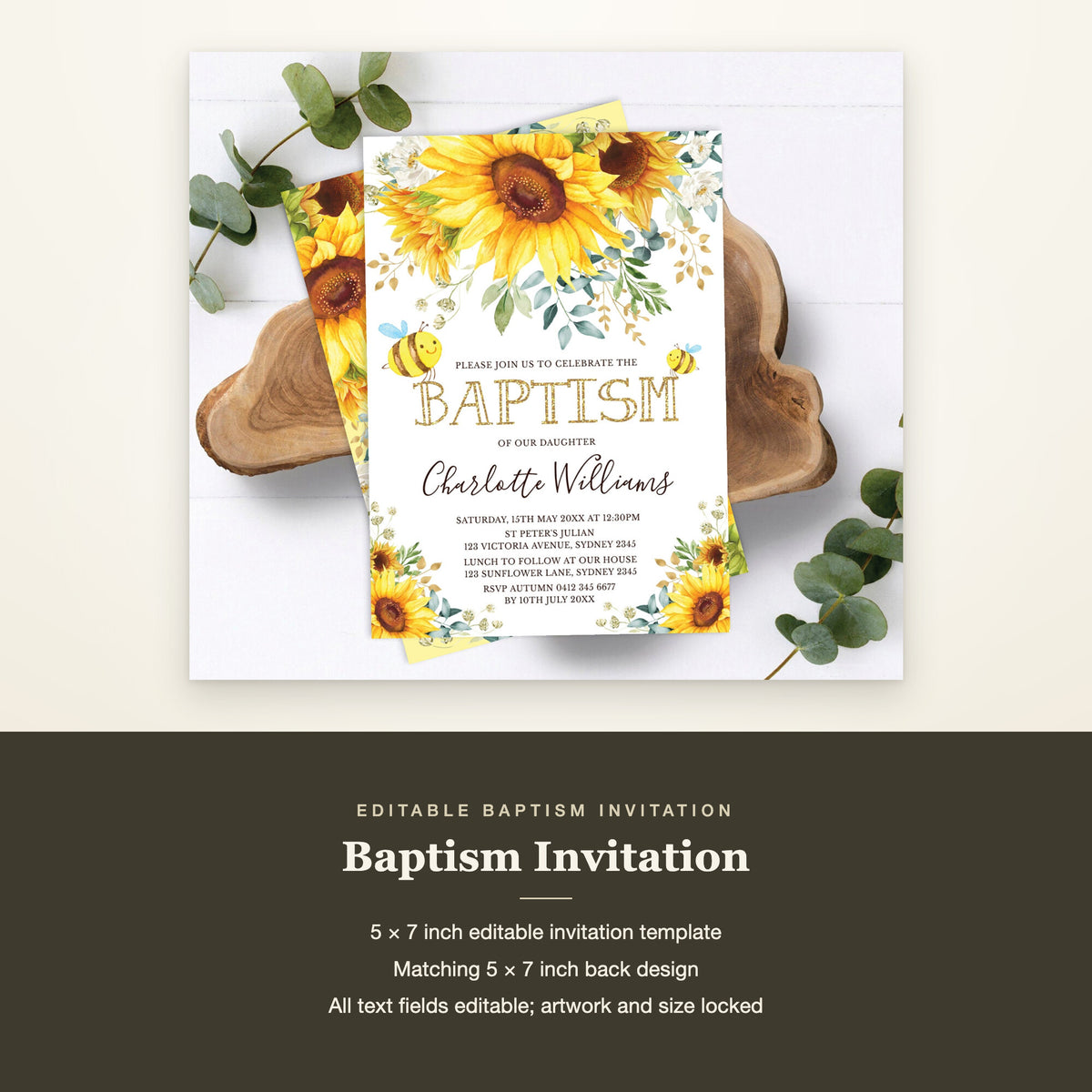 Baptism invitation above a band listing its 5 x 7 inch invitation and matching back design
