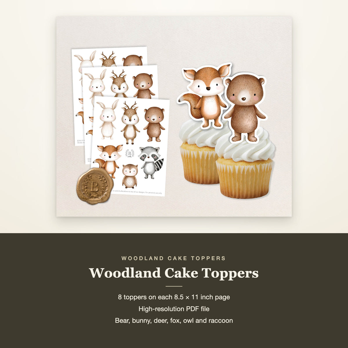 Woodland cake toppers above a band listing 8 toppers on each 8.5 x 11 inch page
