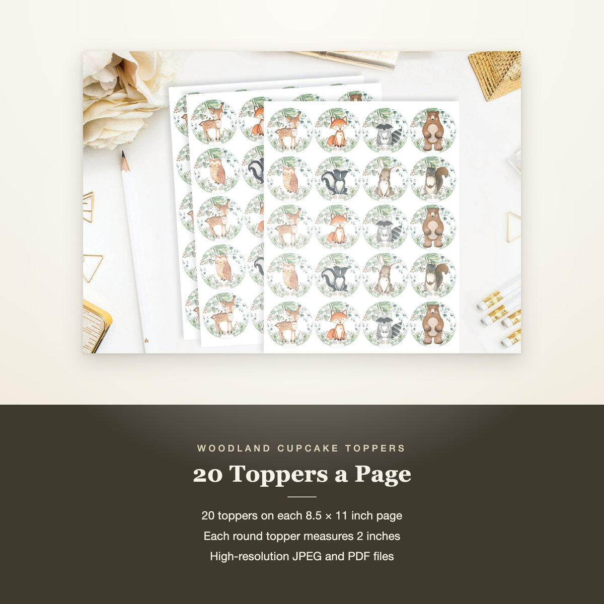Woodland cupcake topper sheet with the page count, topper size and file formats