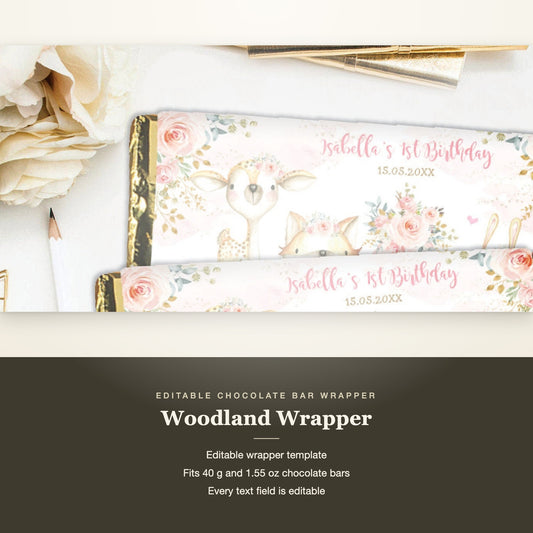 Woodland chocolate bar wrapper sheets shown with the 40 g and 1.55 oz bar sizes