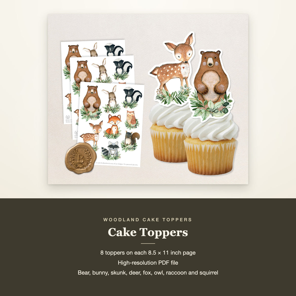 Woodland cake topper sheet with a deer and a bear topper above two cupcakes, facts band below
