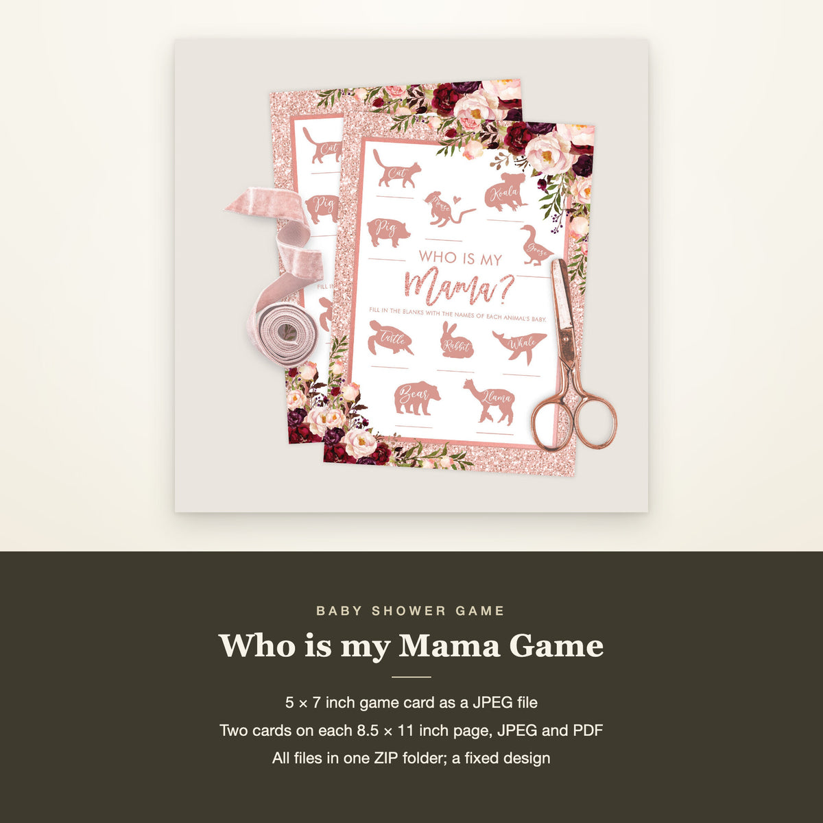 Who Is My Mama game card above a band listing the 5 x 7 inch card and two cards a page