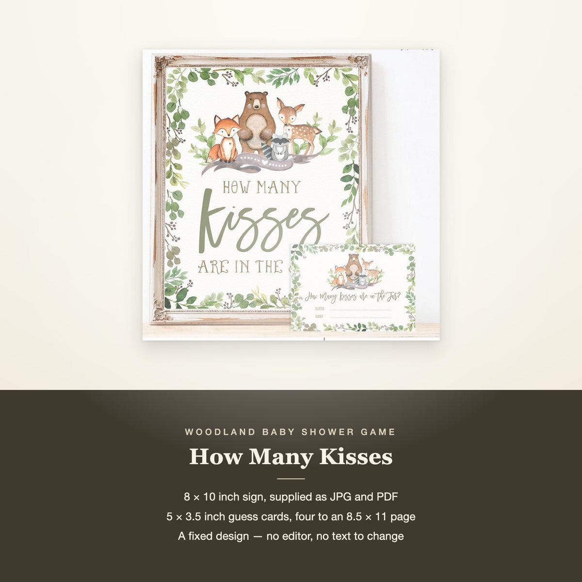 How Many Kisses sign with its 8 x 10 inch size, guess card size and print details