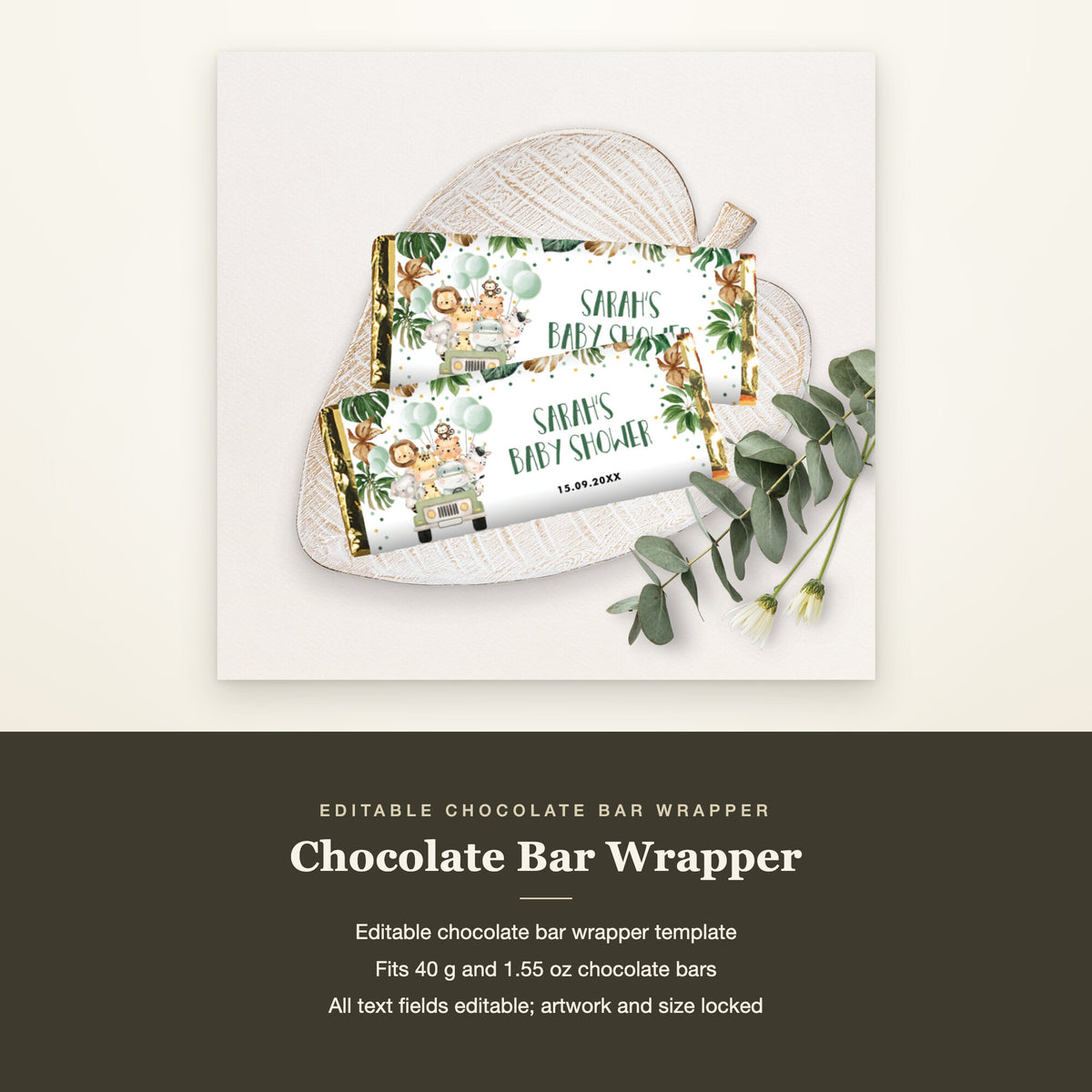 Chocolate bar wrappers above a band listing the 40 g and 1.55 oz bars the wrapper fits