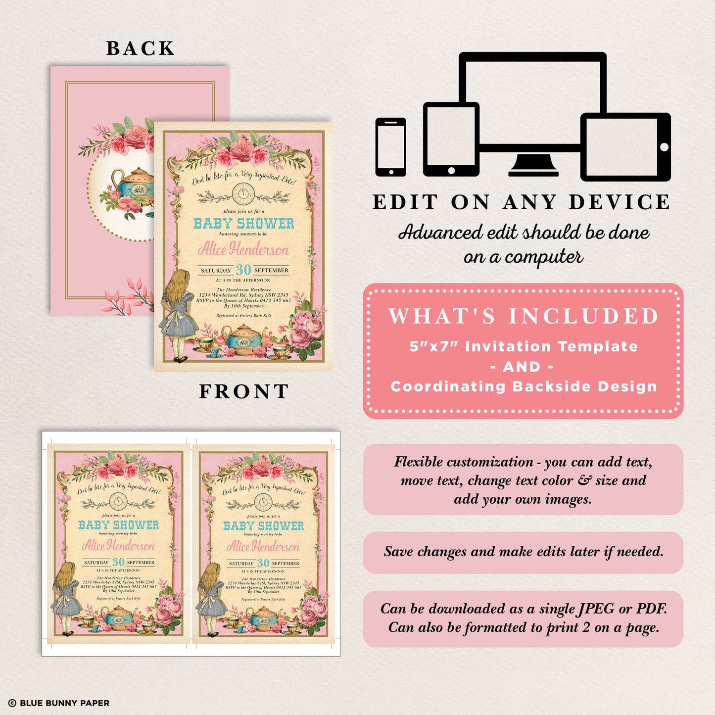 Alice Wonderland Pink Baby Shower Invitation
