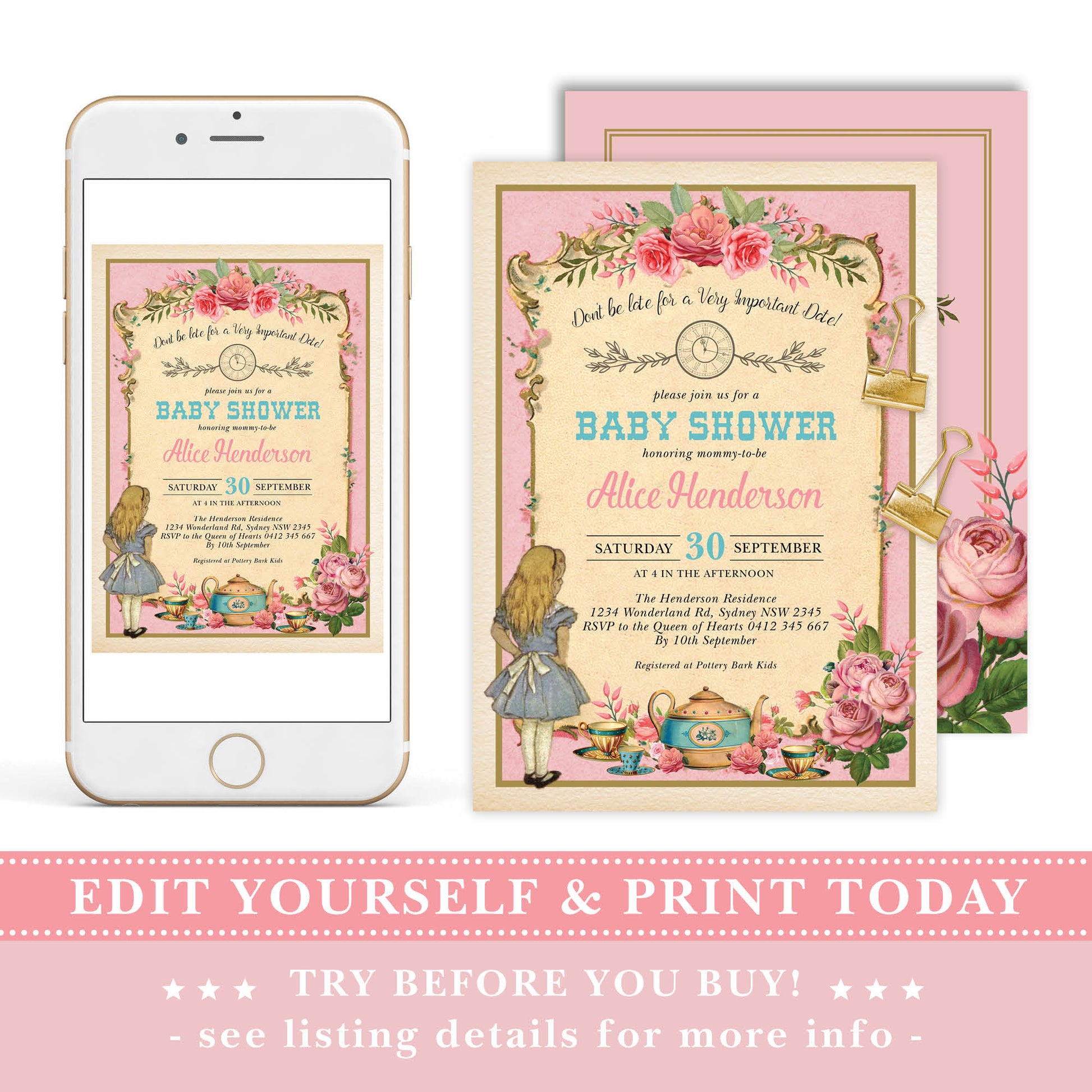 Alice Wonderland Pink Baby Shower Invitation