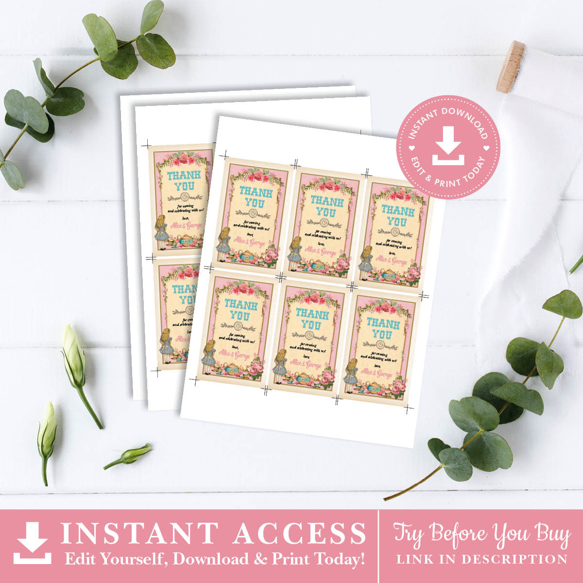 Alice in Wonderland Pink Favor Tags