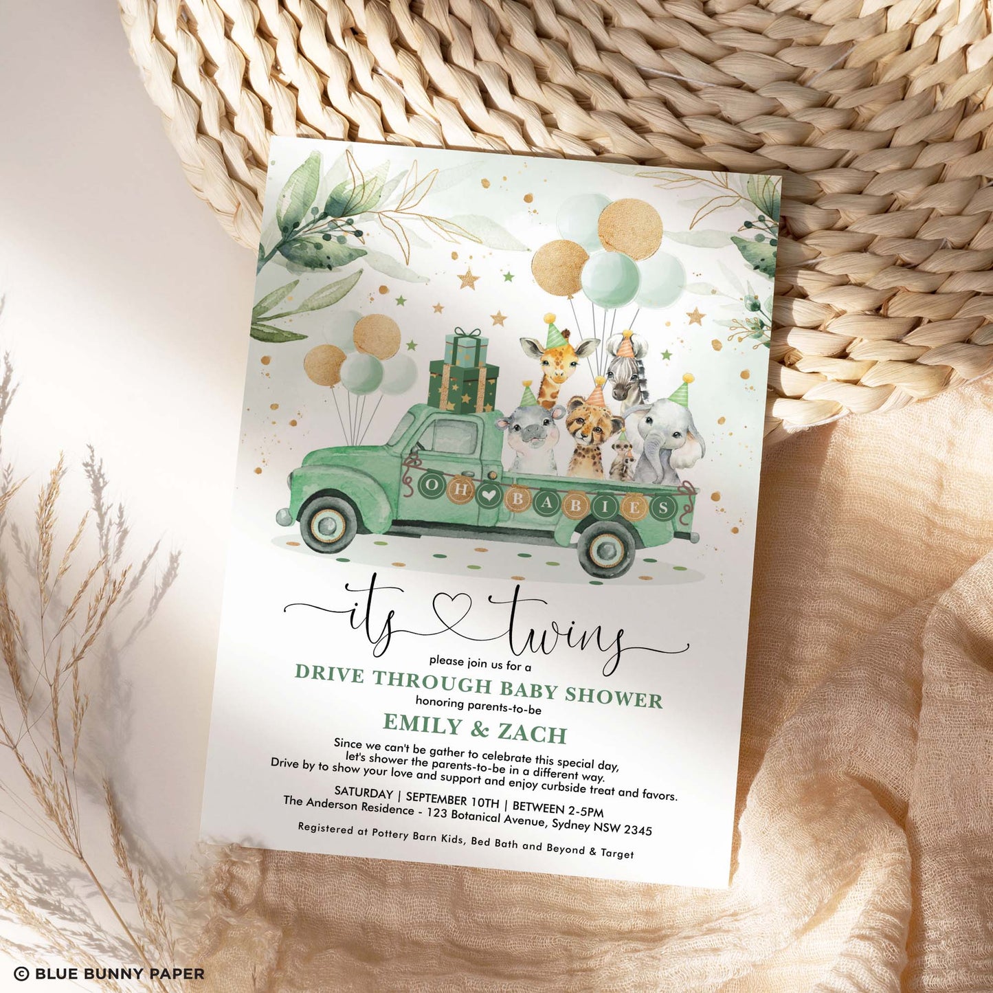 Safari Twins Baby Shower Invitation