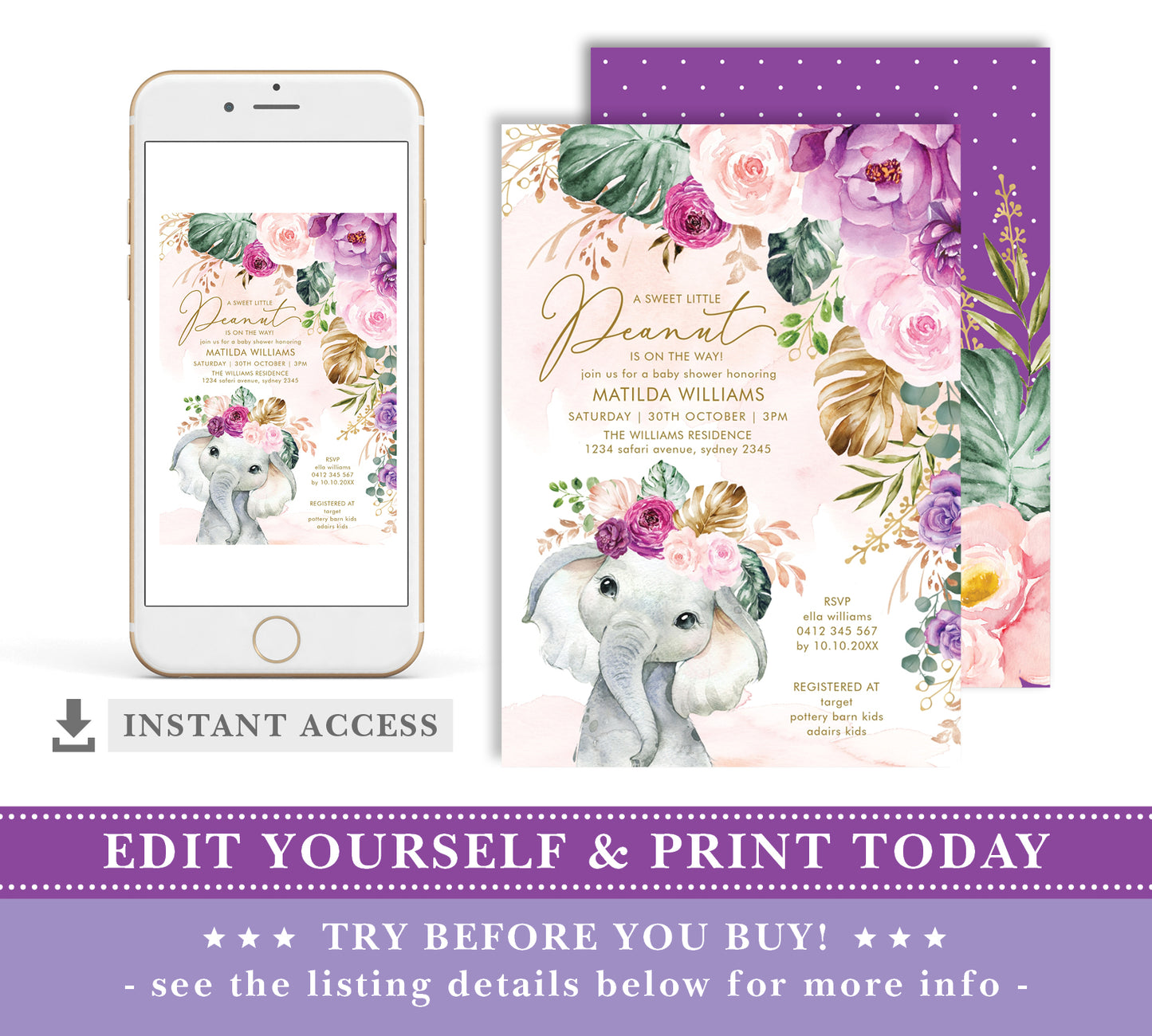 Purple Flowers Elephant Baby Shower Invitation